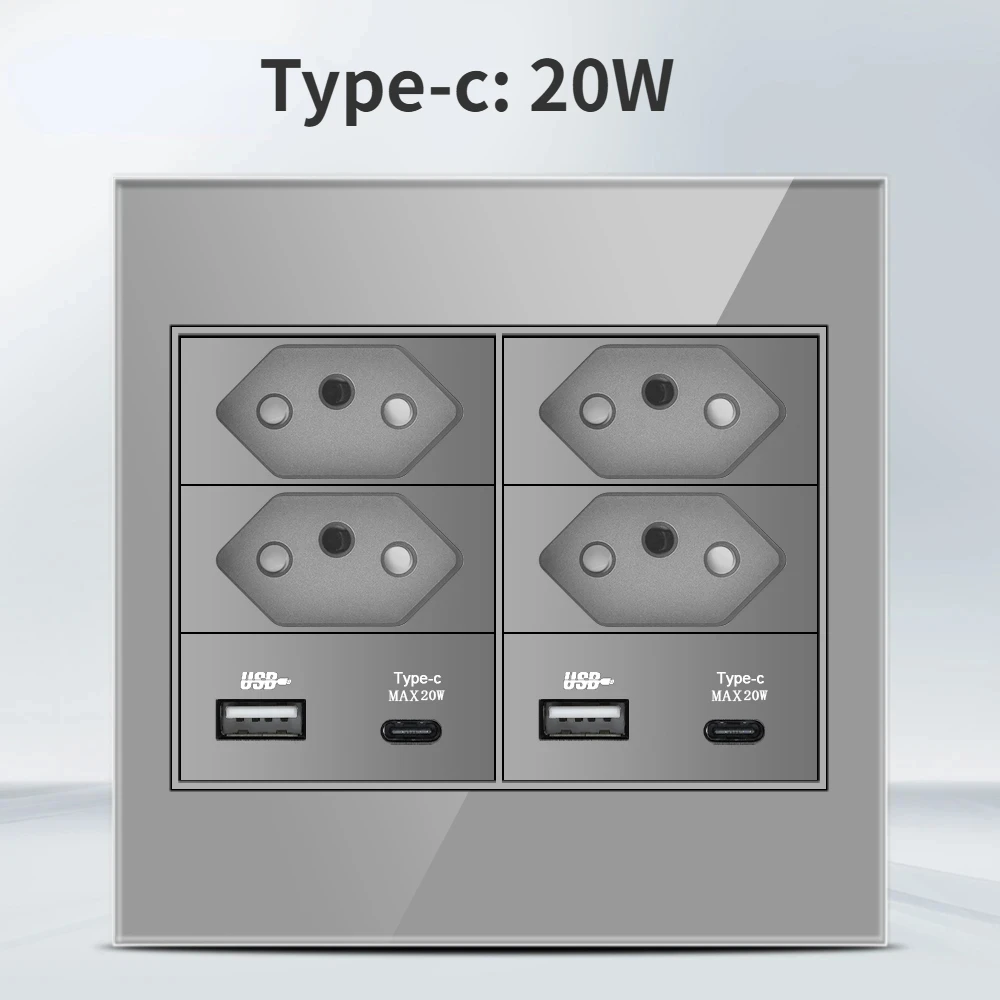 Melery  4x4 Fireproof Glass Panel Brazil Standard Outlet Double USB Type C 10/20W Wall Power Socket Light Switch Office Grey 20A-Melery