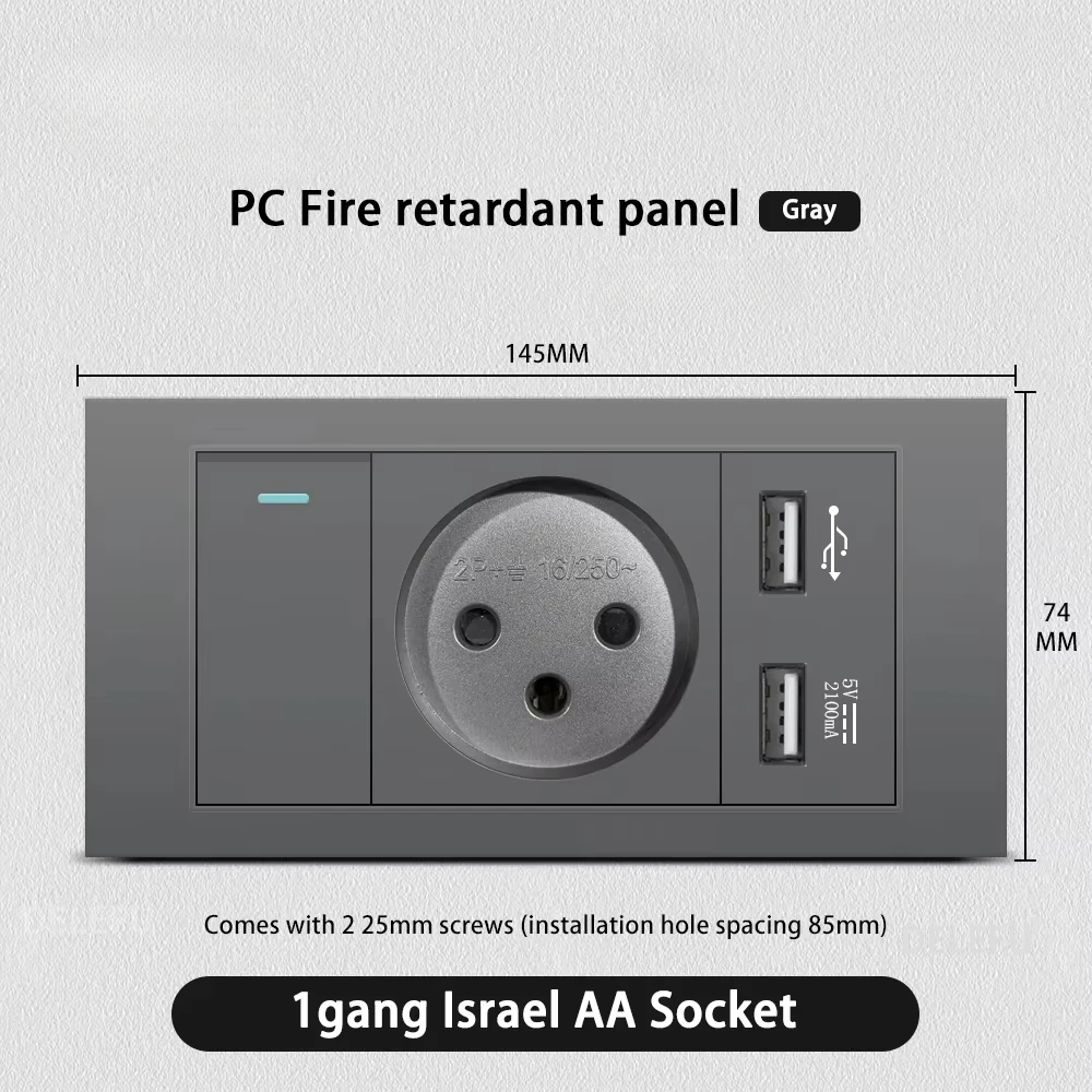 Melery Flame Retardant SC31 Panel 145mm Gray Israel Standard USB TypeC Fast Charging Wall Socket Switch TV Tel CAT5 CAT6-Melery
