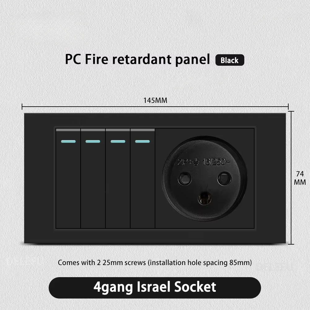Melery Flame Retardant SC31 Panel 145mm Black Israel Standard USB TypeC Fast Charging Wall Socket Switch TV Tel CAT5 CAT6-Melery
