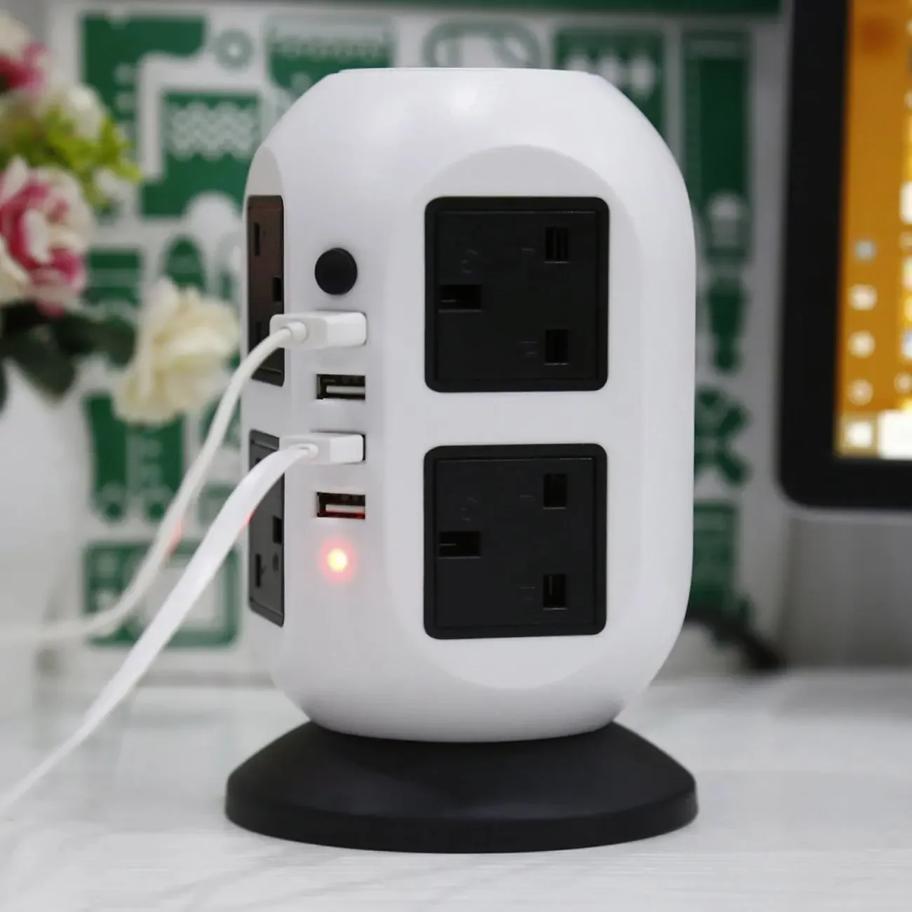 Melery Tower Power Strip Vertical UK Plug Adapter Outlets 8 way AC Multi Electrical Sockets with USB Surge Protector 3m Extension Cord-Melery