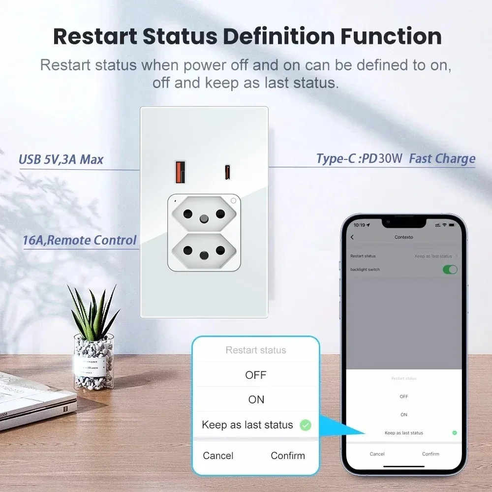 Melery Tuya Brazil Plug 20A WIFI Wall Socket USB Type-C PD 30W Smart Outlet Glass Panel Voice Remote by Google Home Alexa-Melery