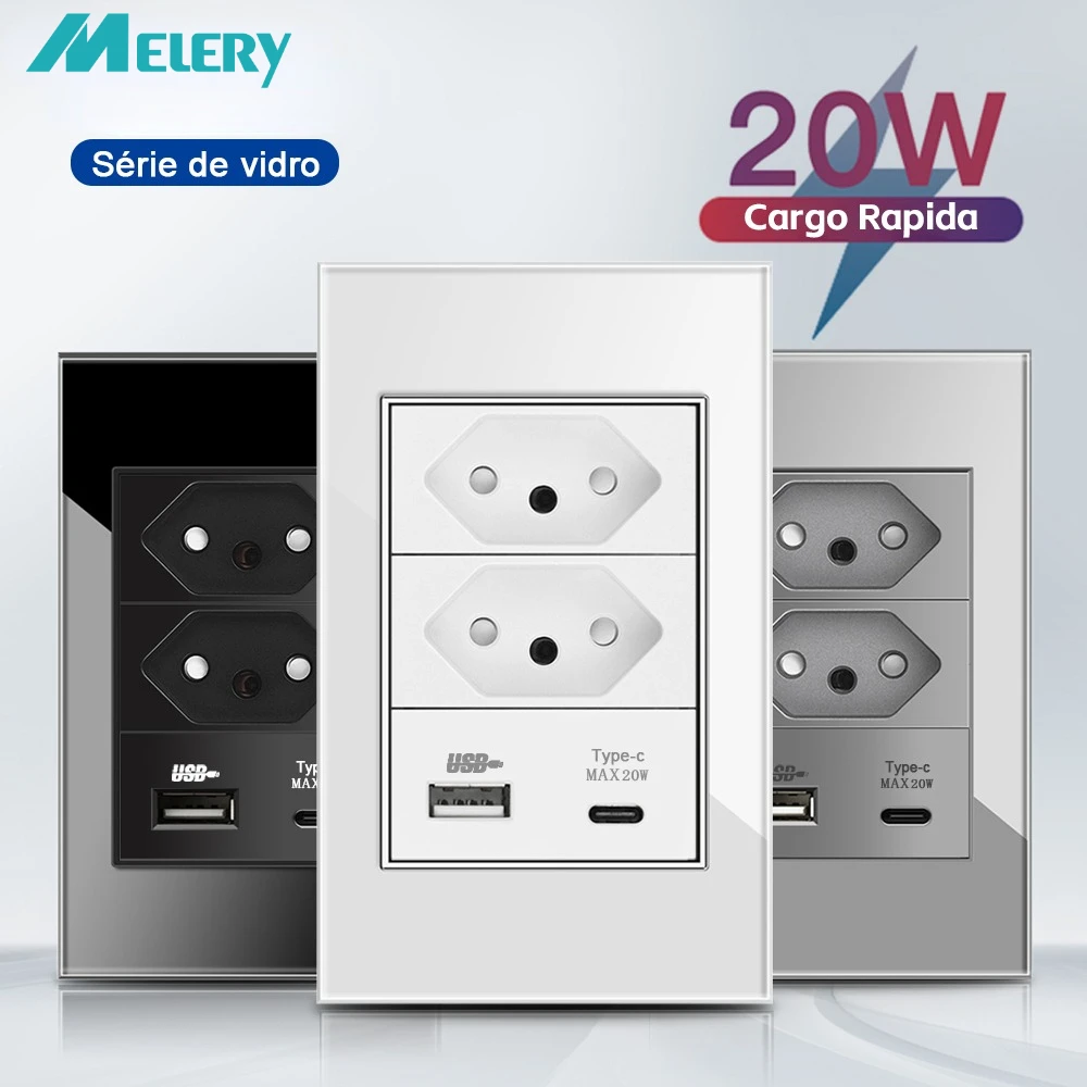 Melery  Brazil USB Wall Socket Fast Charge Type C  PD 20W White Black Gray 118*72mm Outlet 20A Tempered Glass Panel Home Office-Melery