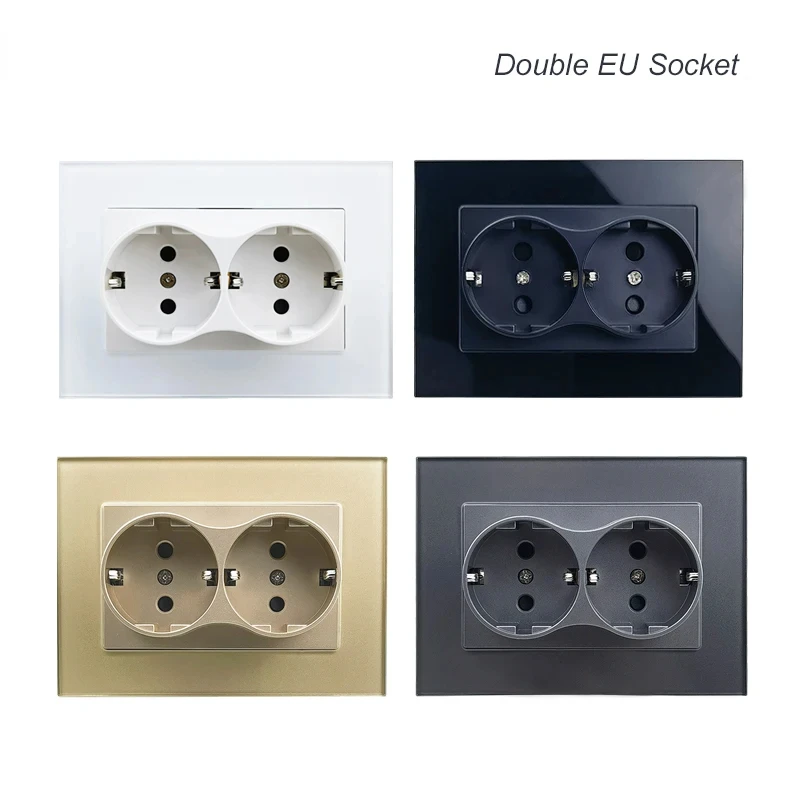 Melery  Double EU Wall Electrical Power Socket Crystal Glass Panel European Russia Outlet Hole Home Office Kitchen White Black-Melery