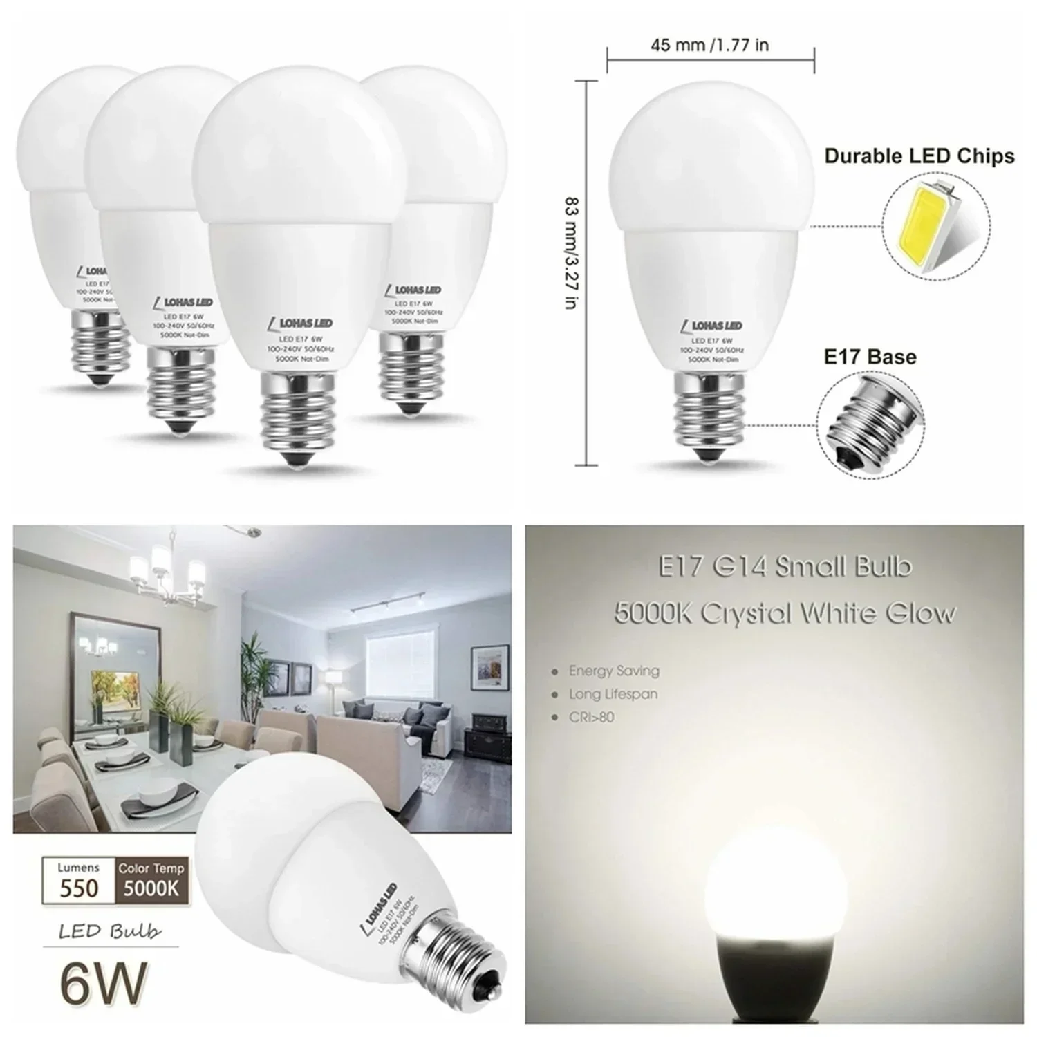 Melery E17 Indoor Led Light Bulbs Lighting Decorative Lamps 6W 550lm G45 Globe Bulb Warm/Cold White for Garage Warehouse Bedroon Room-Melery