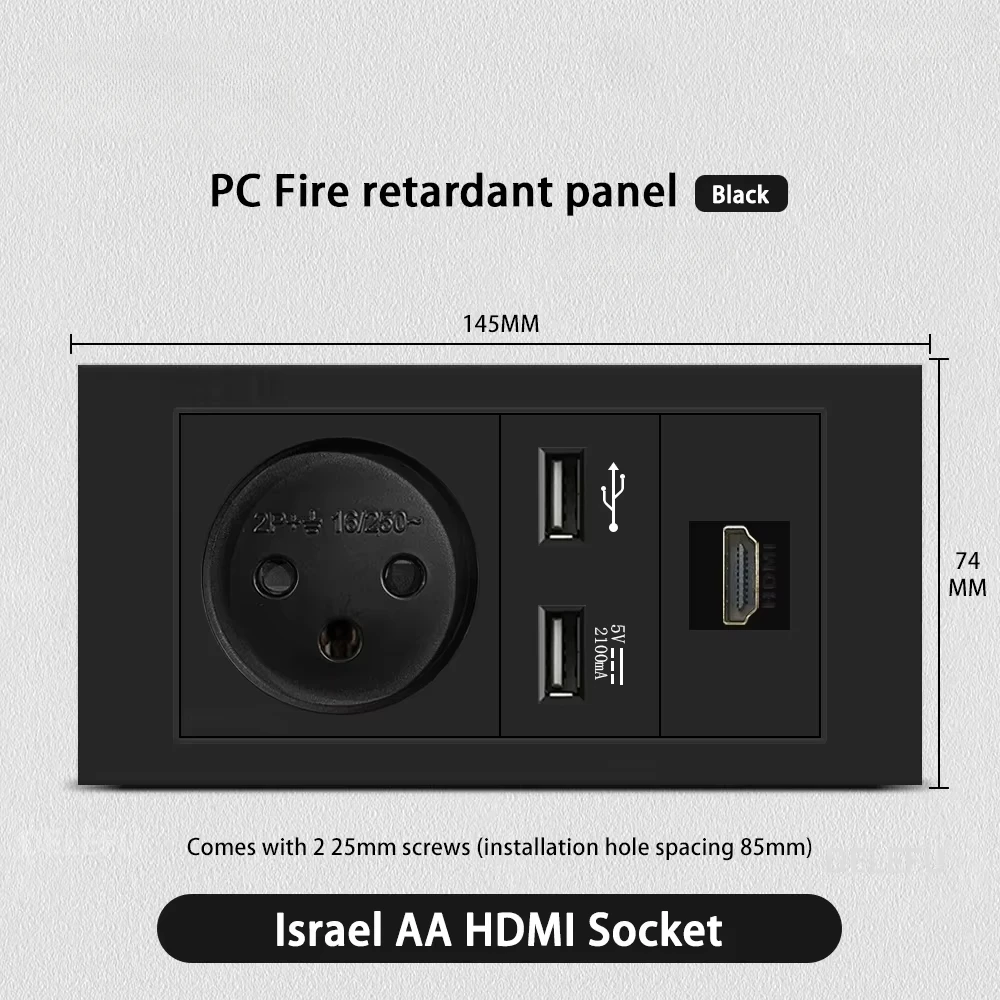 Melery Flame Retardant SC31 Panel 145mm Black Israel Standard USB TypeC Fast Charging Wall Socket Switch TV Tel CAT5 CAT6-Melery