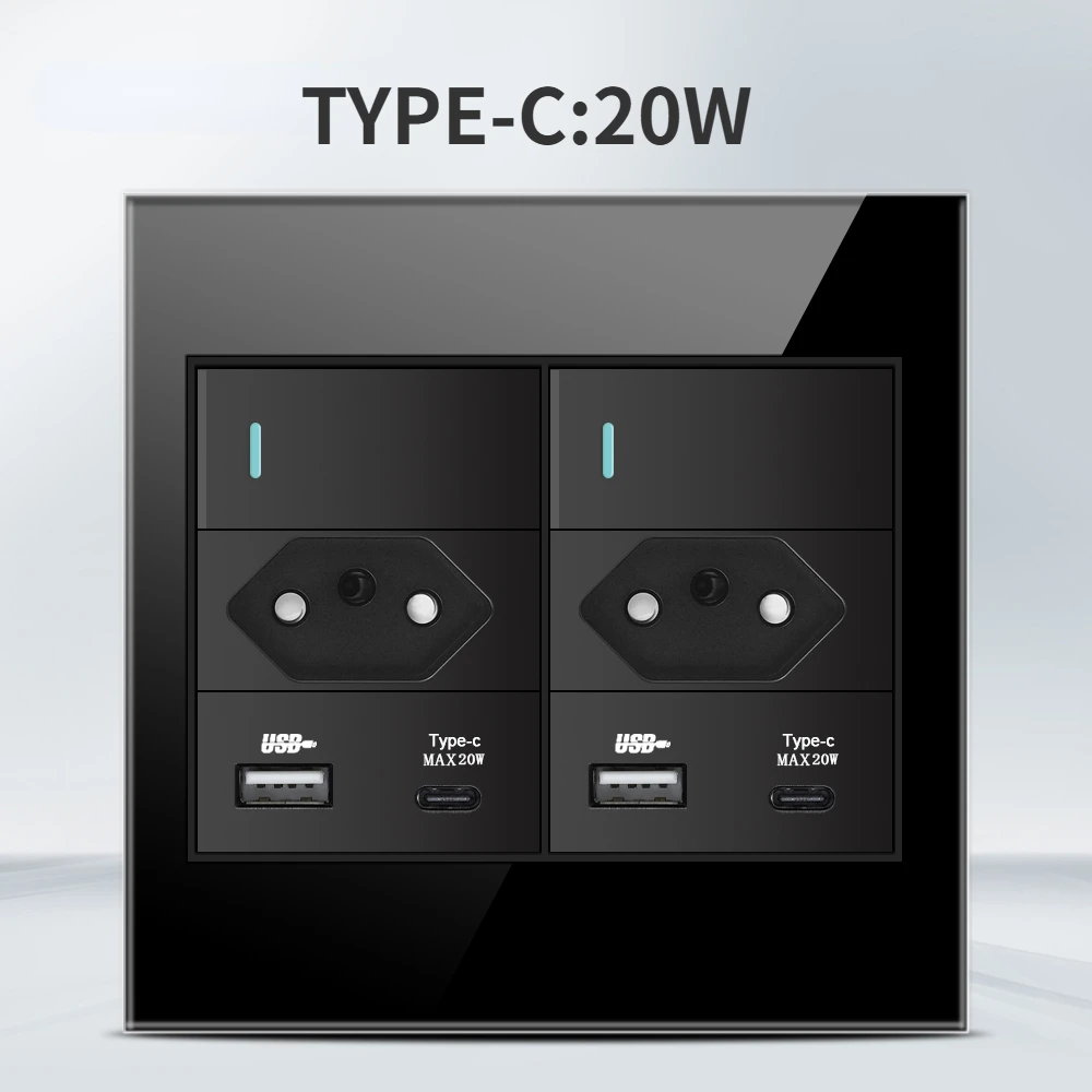 Melery  4x4 Fireproof Glass Panel Brazil Standard Outlet Double USB Type C Wall Power Socket Light Switch Office Black 10A 20A-Melery