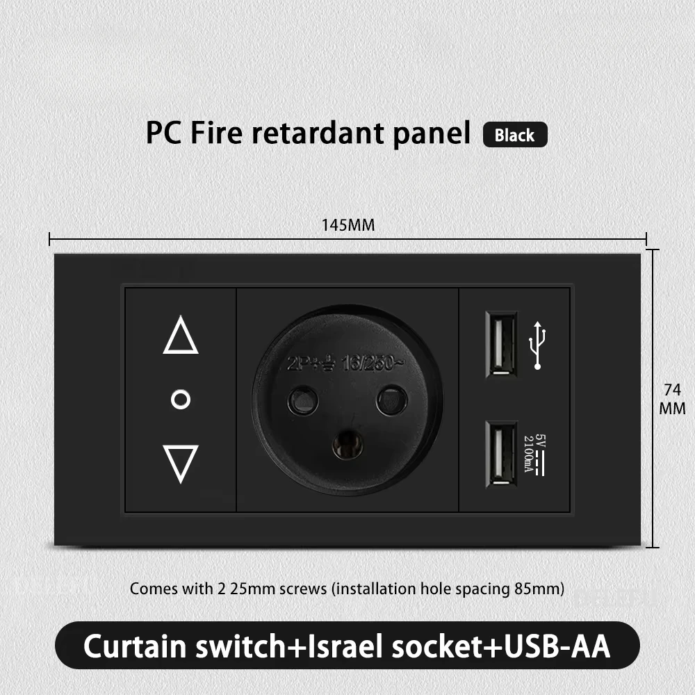 Melery Flame Retardant SC31 Panel 145mm Black Israel Standard USB TypeC Fast Charging Wall Socket Switch TV Tel CAT5 CAT6-Melery