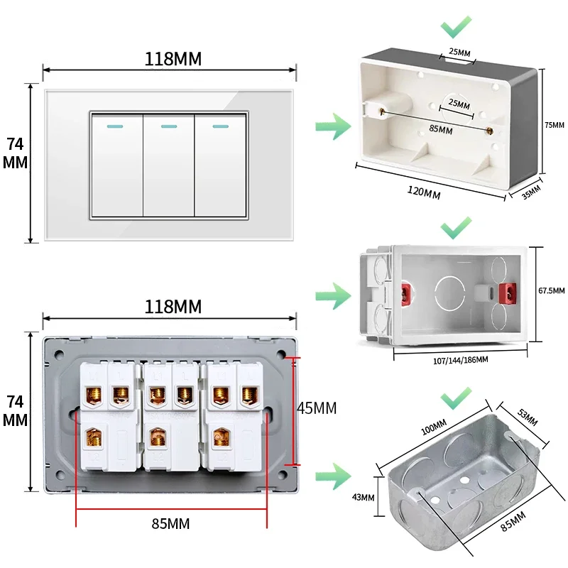 Melery  White Black Gray 16A 118*72 US Brazil Italy Light Switch,PC Panel 1/2/3/4gang 1/2way Switch on Off,Wall Electrical Outlet-Melery