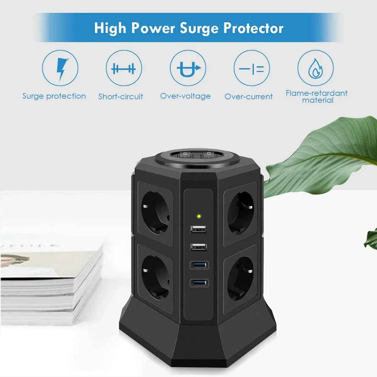 Meler Vertical Power Strip Surge Protector Multiple Sockets EU Electrical Plug Outlet USB Type-C Fast Charger 2m Extension Cable-Melery