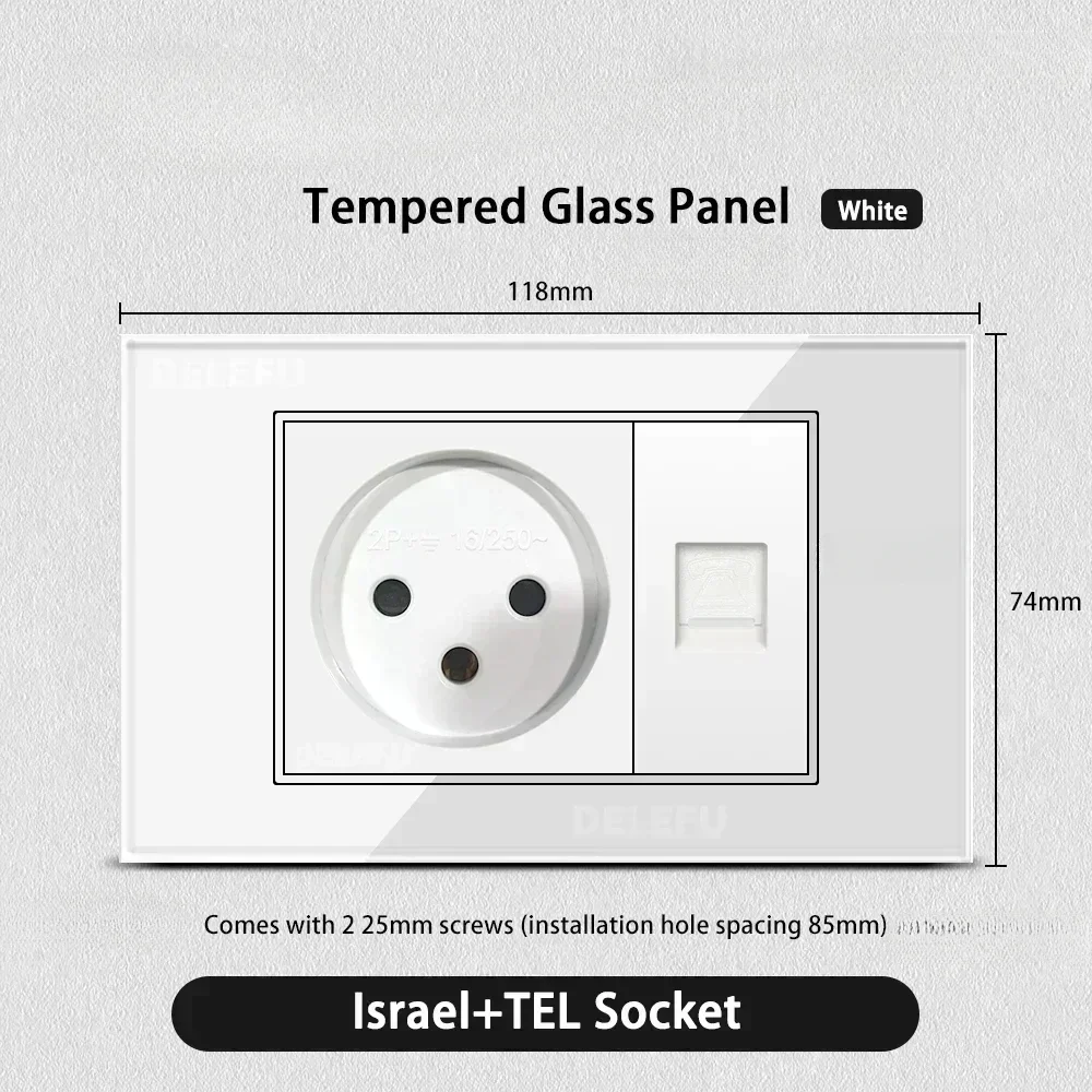 Melery White Tempered Glass Israel Standard USB Type C Fast Charging Wall Socket Light Switch Satellite TV Tel CAT5 CAT6-Melery