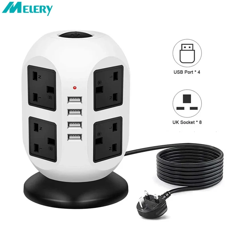 Melery Tower Power Strip Vertical UK Plug Adapter Outlets 8 way AC Multi Electrical Sockets with USB Surge Protector 3m Extension Cord-Melery