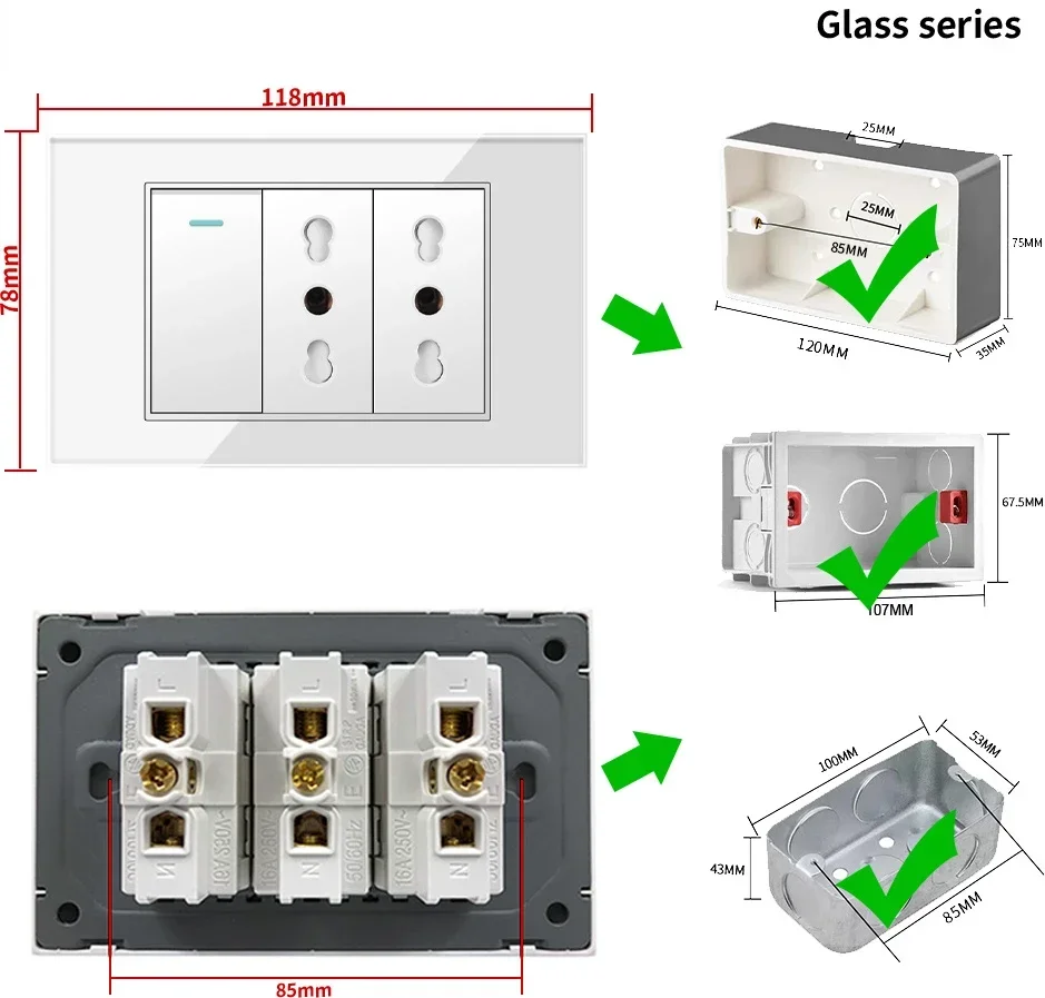 Melery Chile Italy Standard White Tempered Glass Home Office EU Outlet USb Type C Korea Wall Socket Light Pressure Switch 118-Melery