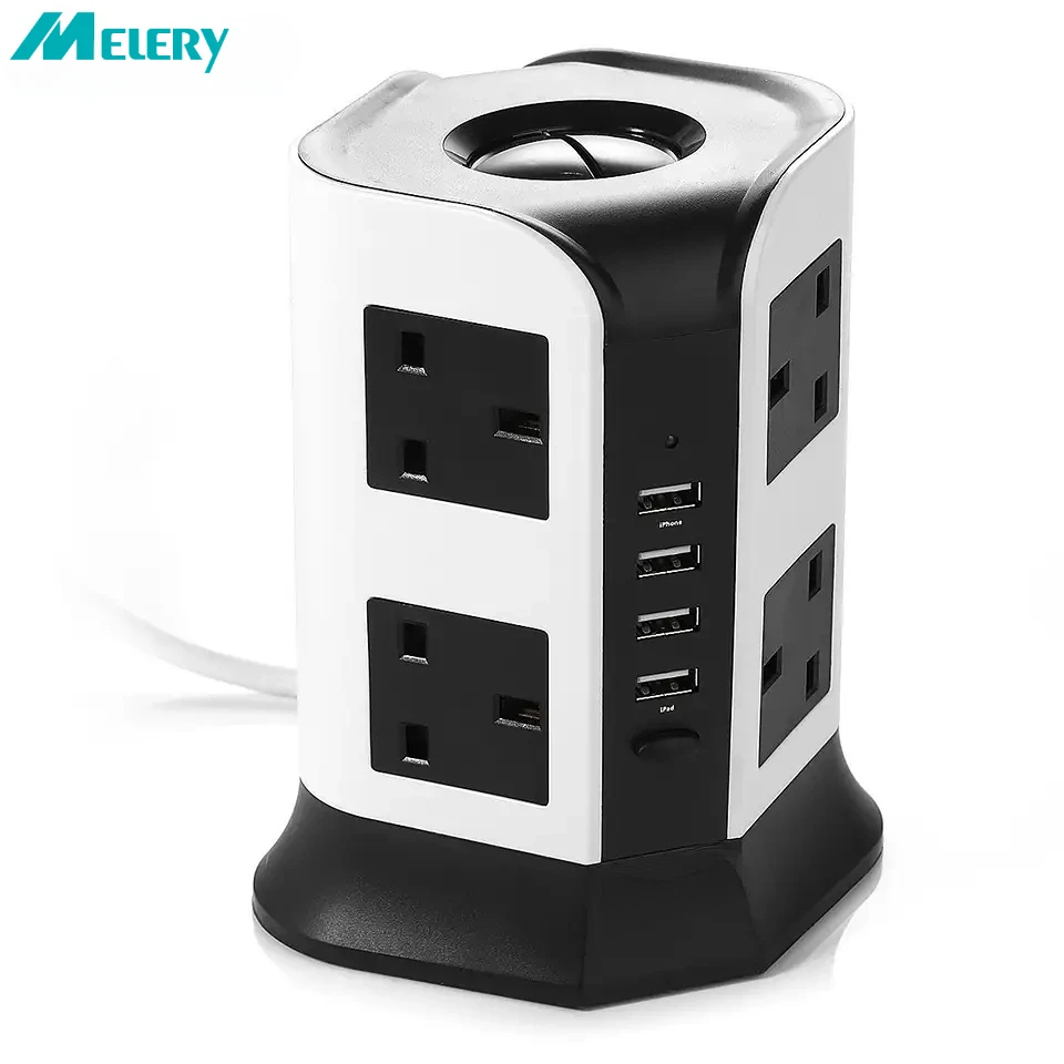 Melery UK Plug Vertical Power Strip British Extension Surge Protectors Tower 8 Outlet 4USB Sockets 2.1A Charge Port 6.5ft Cord 2m Cable-Melery