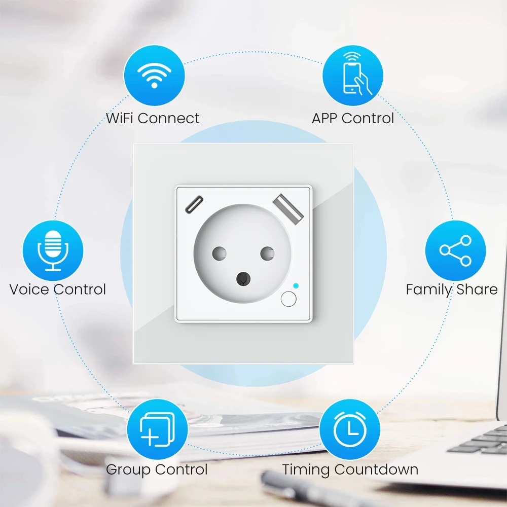 Melery  Tuya WiFi Smart Israel WallSwitch Socket EU Power Plug Outlet USB Type-C PD20W ChargePort for Iphone Alexa Dot GoogleHome-Melery