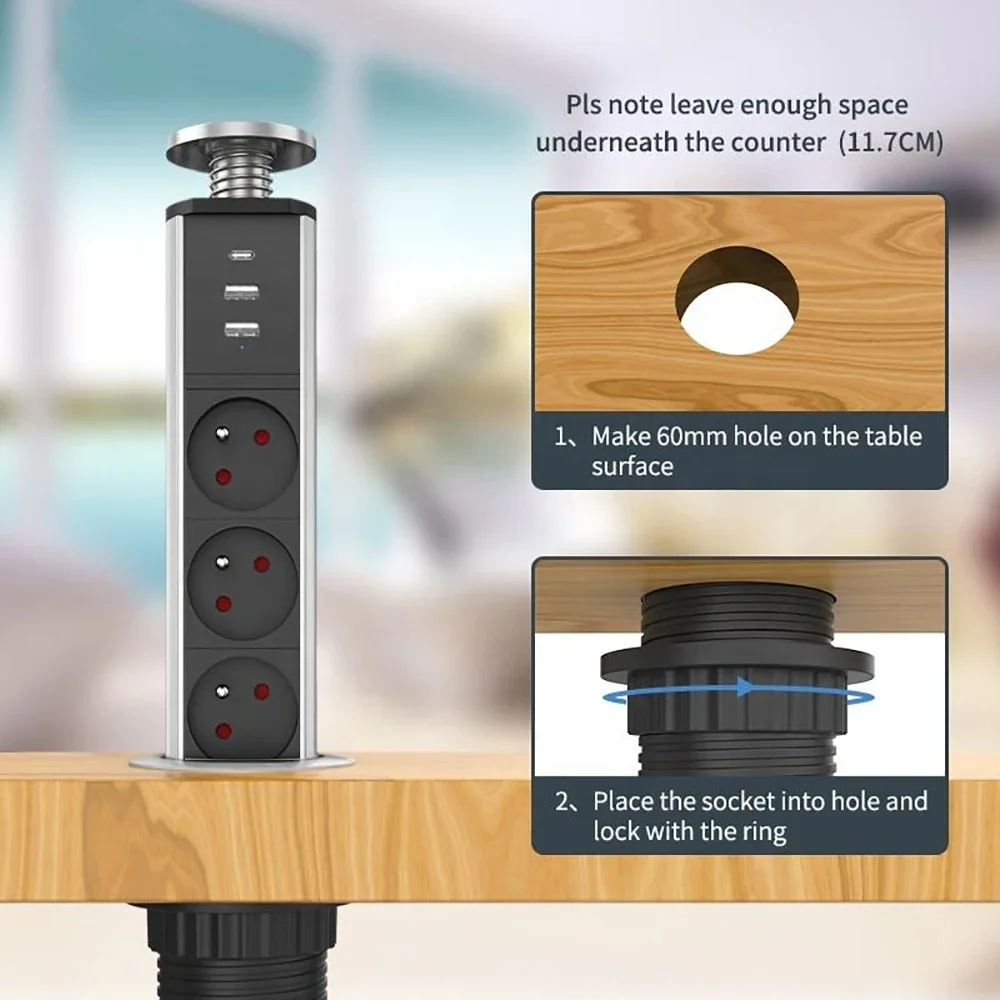 Melery Type-C French Outlets Pop Up Socket Power Strip Multiple Desktop Hidden Outlet 3 Way 2USB Charge Ports for Office Home Kitchen-Melery