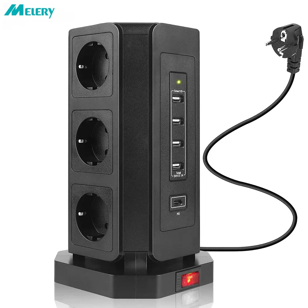 Melery  Vertical Power Strip EU Electrical Tower Kr Plug Outlet Socket USB Type C Cable Surge Circuit Protector 2m Extension Cord-Melery