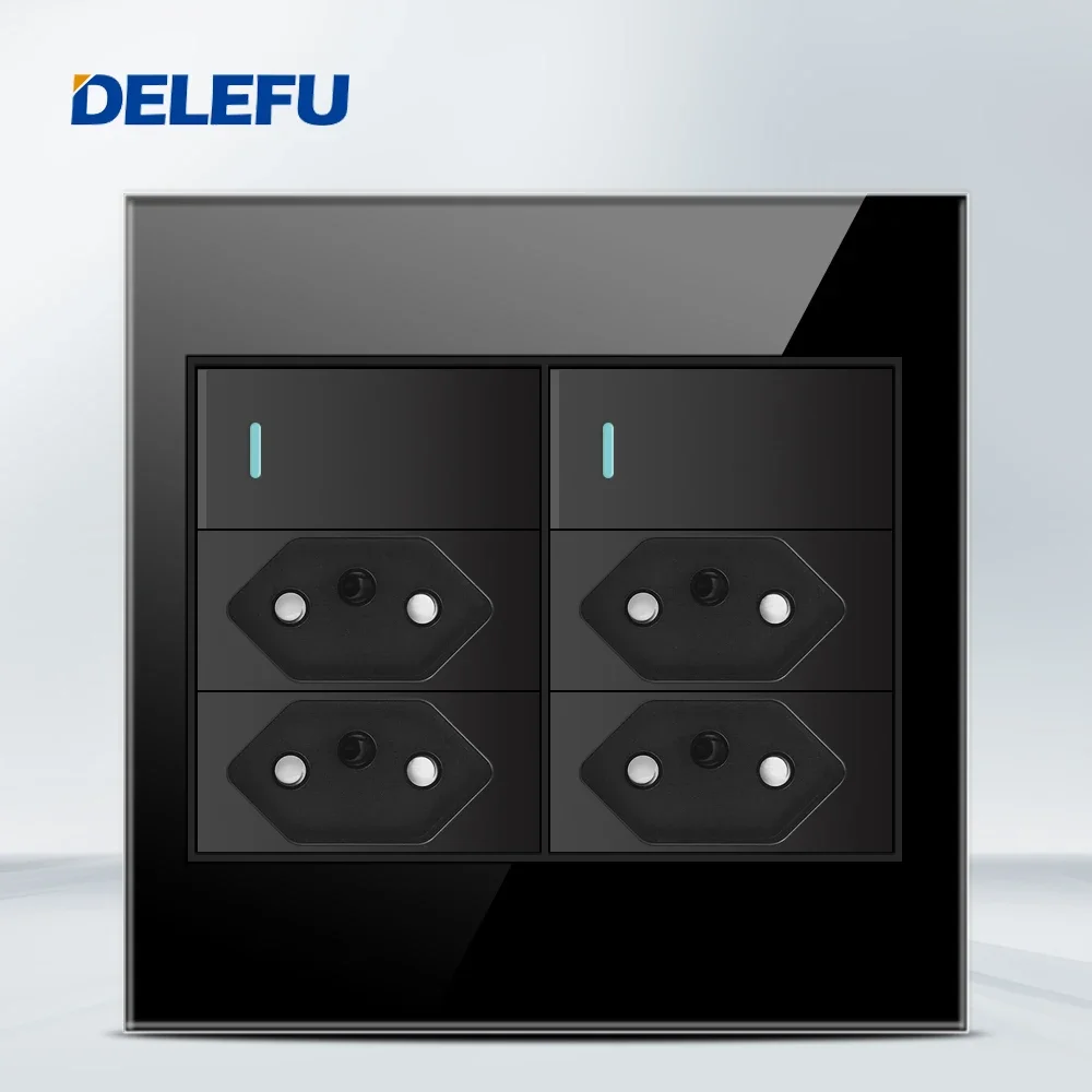 Melery  4x4 Fireproof Glass Panel Brazil Standard Outlet Double USB Type C Wall Power Socket Light Switch Office Black 10A 20A-Melery