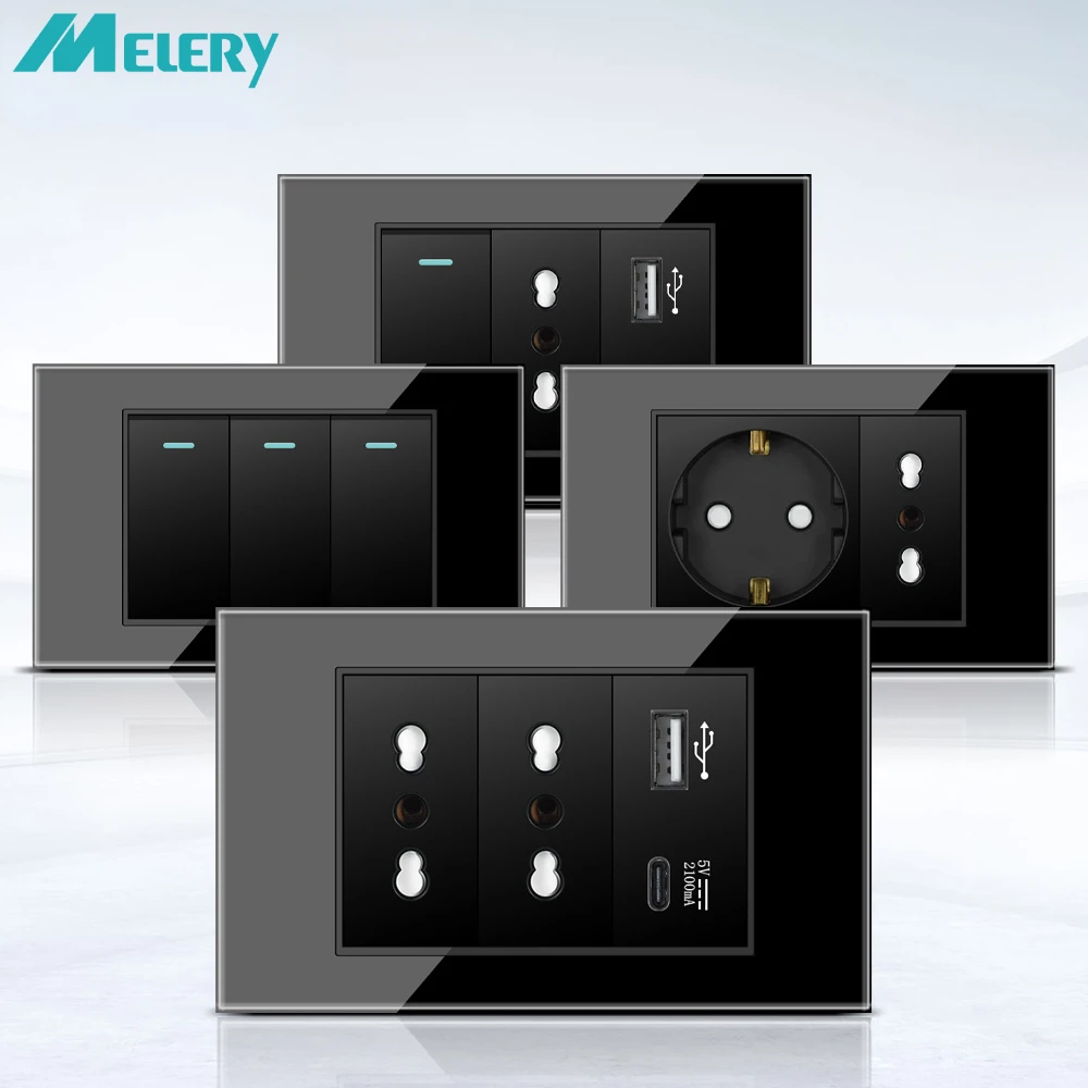 Melery  Black Tempered Glass Italy Standard Home Office EU Outlet USb Type C Chile Korea Wall Socket Light Pressure Switch 118-Melery