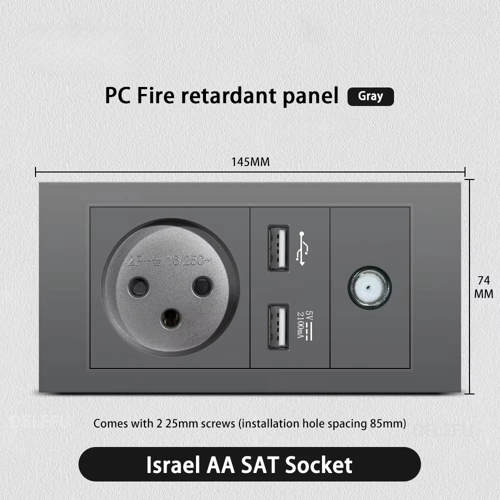 Melery Flame Retardant SC31 Panel 145mm Gray Israel Standard USB TypeC Fast Charging Wall Socket Switch TV Tel CAT5 CAT6-Melery