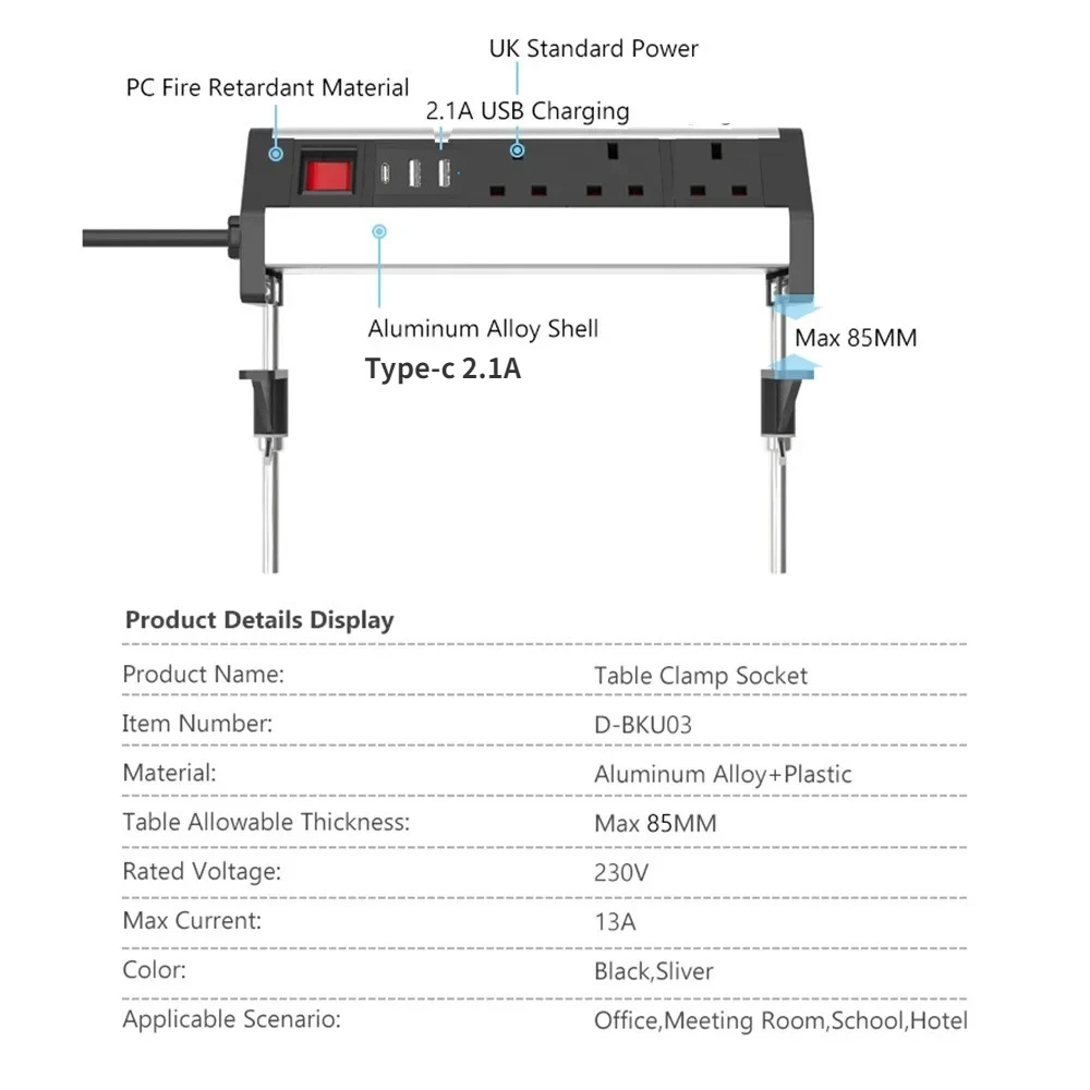 Melery  Table Clip Power Strip Clamp British Sockets USB Type-c Electrical UK Plugs 3 Outlet Conference Desk Kitchen Home Office-Melery