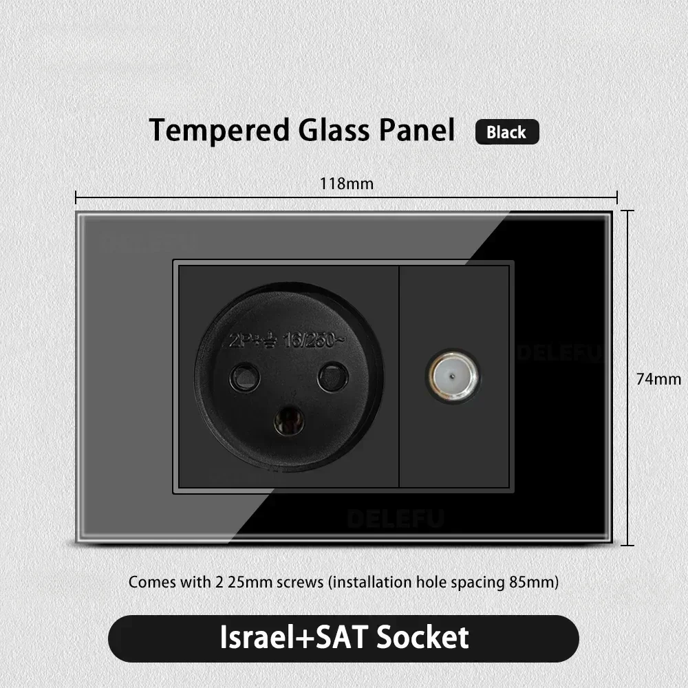 Melery Tempered Glass Israel Standard Wall Socket USB 20W Type C Fast Charging Satellite TV Tel CAT5 CAT6 Outlet Light Switch-Melery
