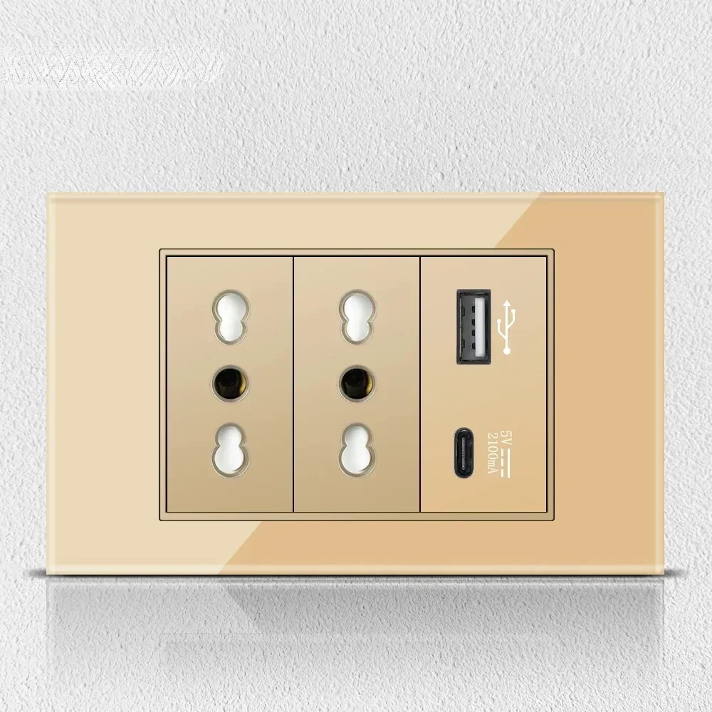 Melery Italy Chile Tempered Gold Glass Home Office EU Korean Outlet USB TypeC Korea Wall Socket Light Pressure Switch Electrical-Melery