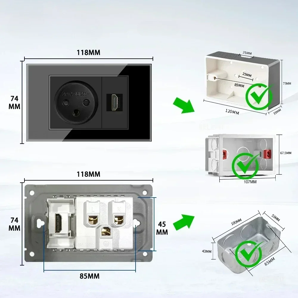 Melery Tempered Glass Israel Standard Wall Socket USB 20W Type C Fast Charging Satellite TV Tel CAT5 CAT6 Outlet Light Switch-Melery