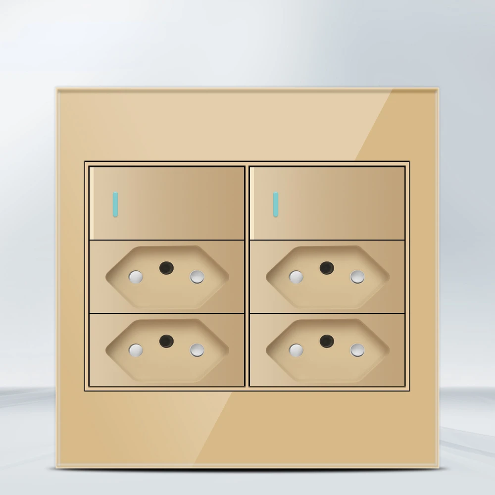 Melery  4x4 Fireproof Glass Panel Brazil Standard Outlet Double USB Type C Wall Power Socket Light Switch Office Golden 10A 20A-Melery