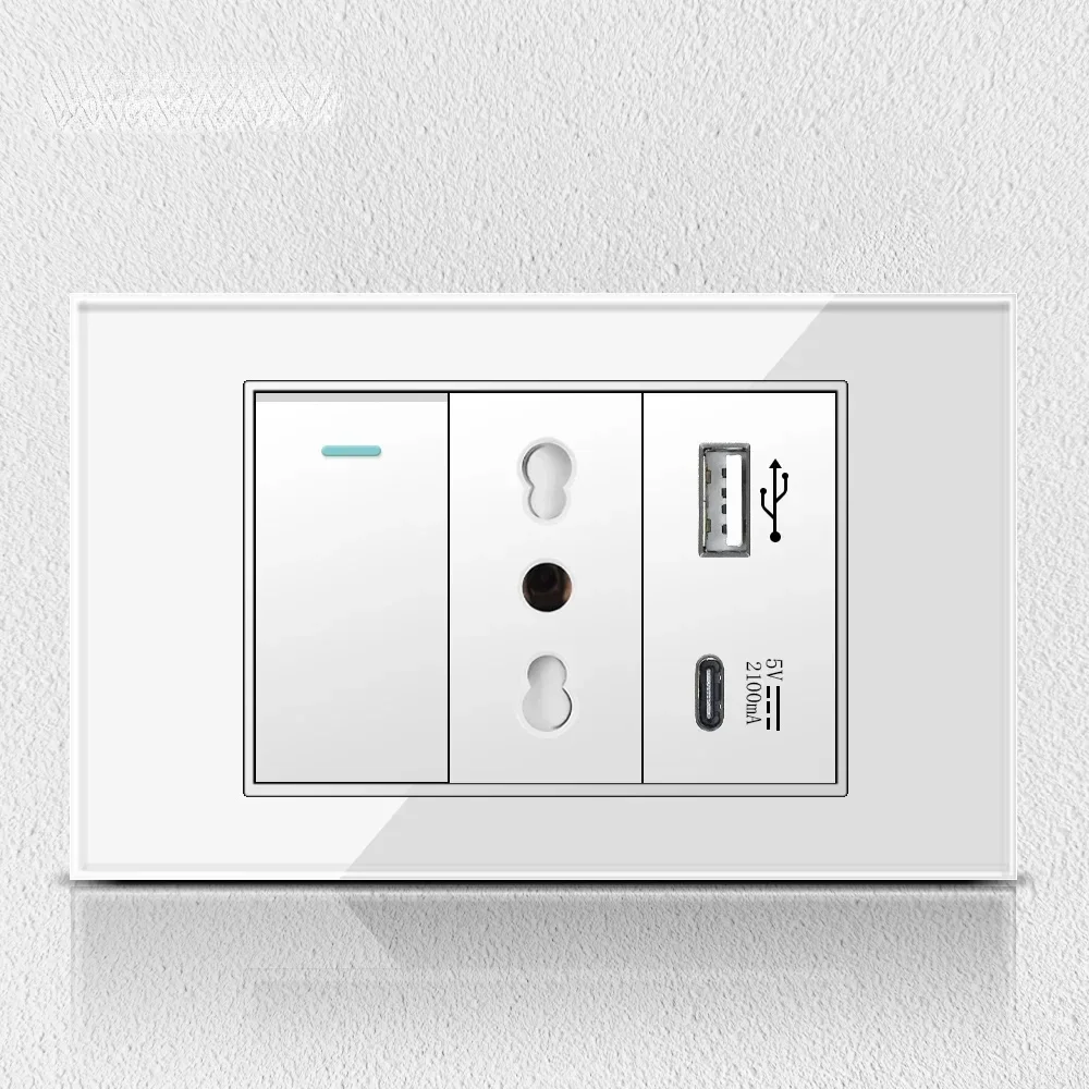 Melery Chile Italy Standard White Tempered Glass Home Office EU Outlet USb Type C Korea Wall Socket Light Pressure Switch 118-Melery