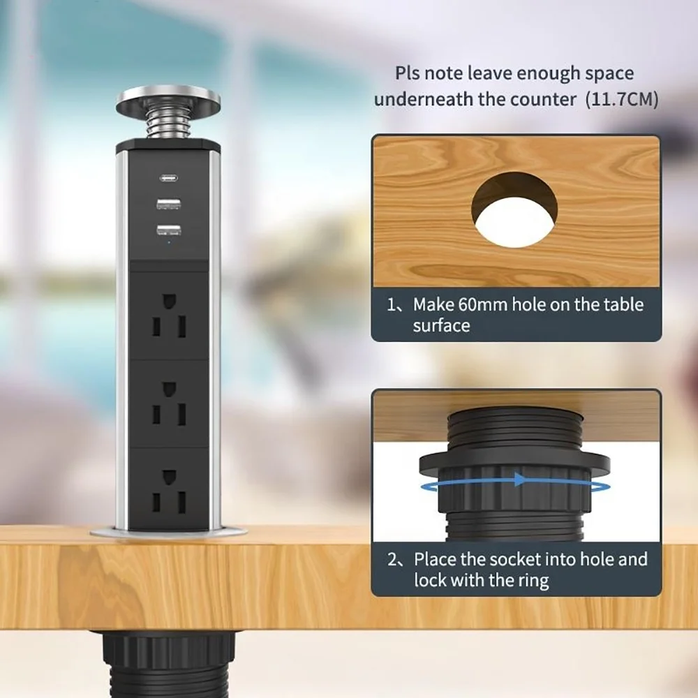 Melery  Tablet Socket Power Strip US Electric Plug Pop Up Desk Switch Outlet Hidden Kitchen USB Type-C harger 1.8m Extenstion Cord-Melery