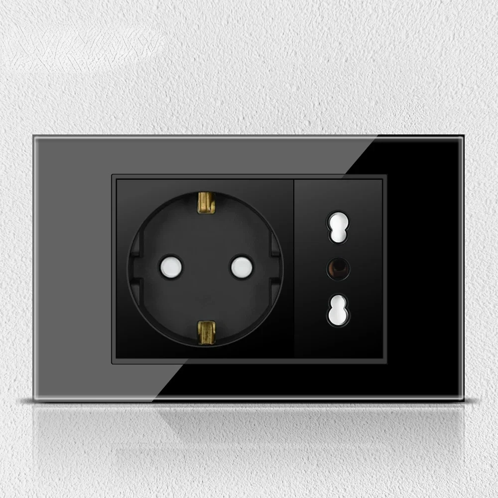 Melery  Black Tempered Glass Italy Standard Home Office EU Outlet USb Type C Chile Korea Wall Socket Light Pressure Switch 118-Melery