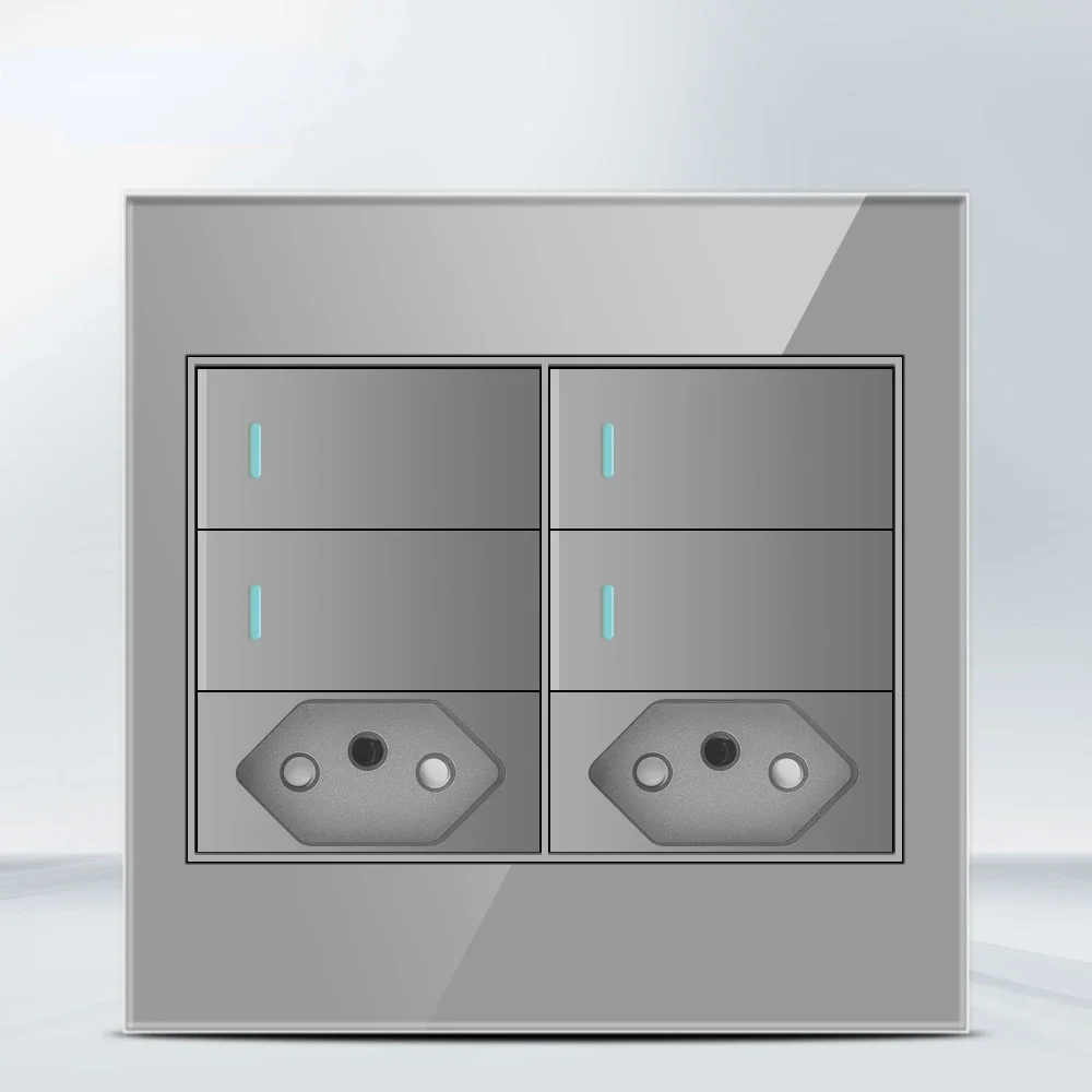 Melery  4x4 Fireproof Glass Panel Brazil Standard Outlet Double USB Type C 10/20W Wall Power Socket Light Switch Office Grey 20A-Melery
