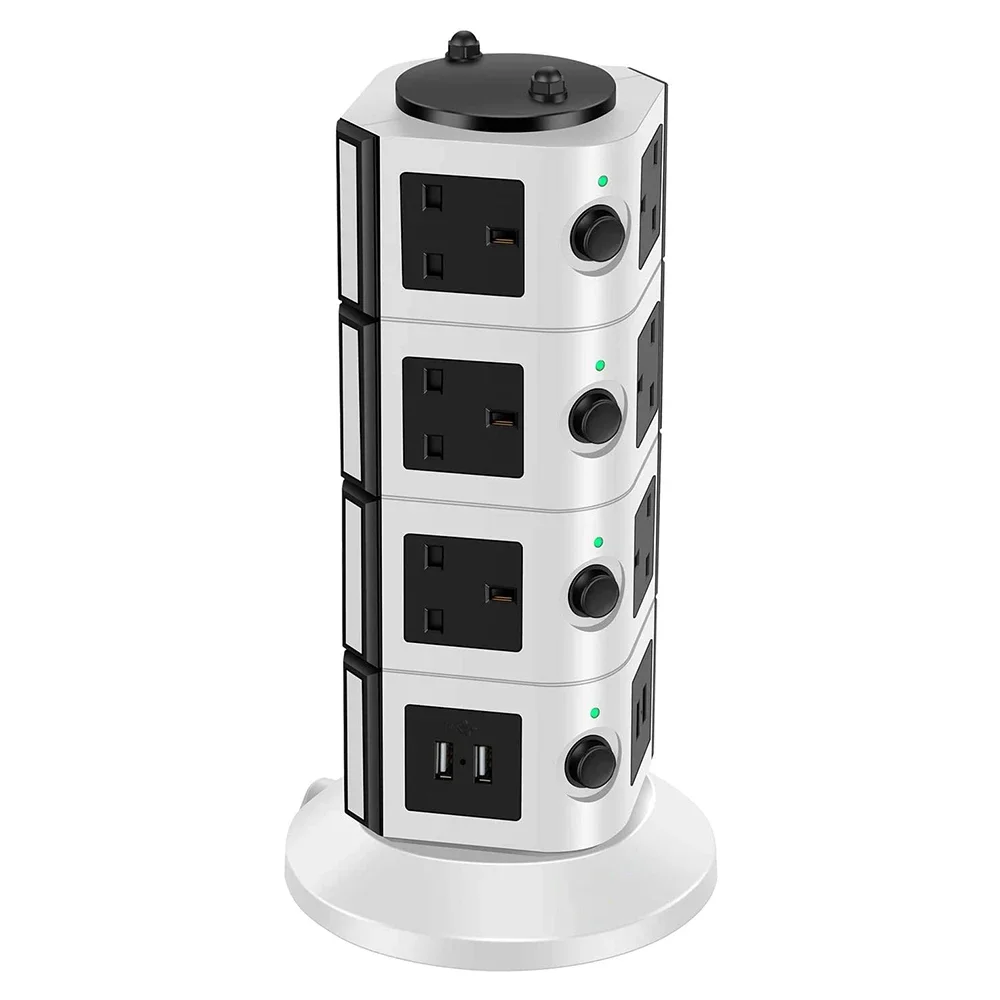 Melery Vertical Power Strip Multiple Surge Protector Extension Socket Individually Switched Plug Outlet USB Charging Station 2m Cable-Melery
