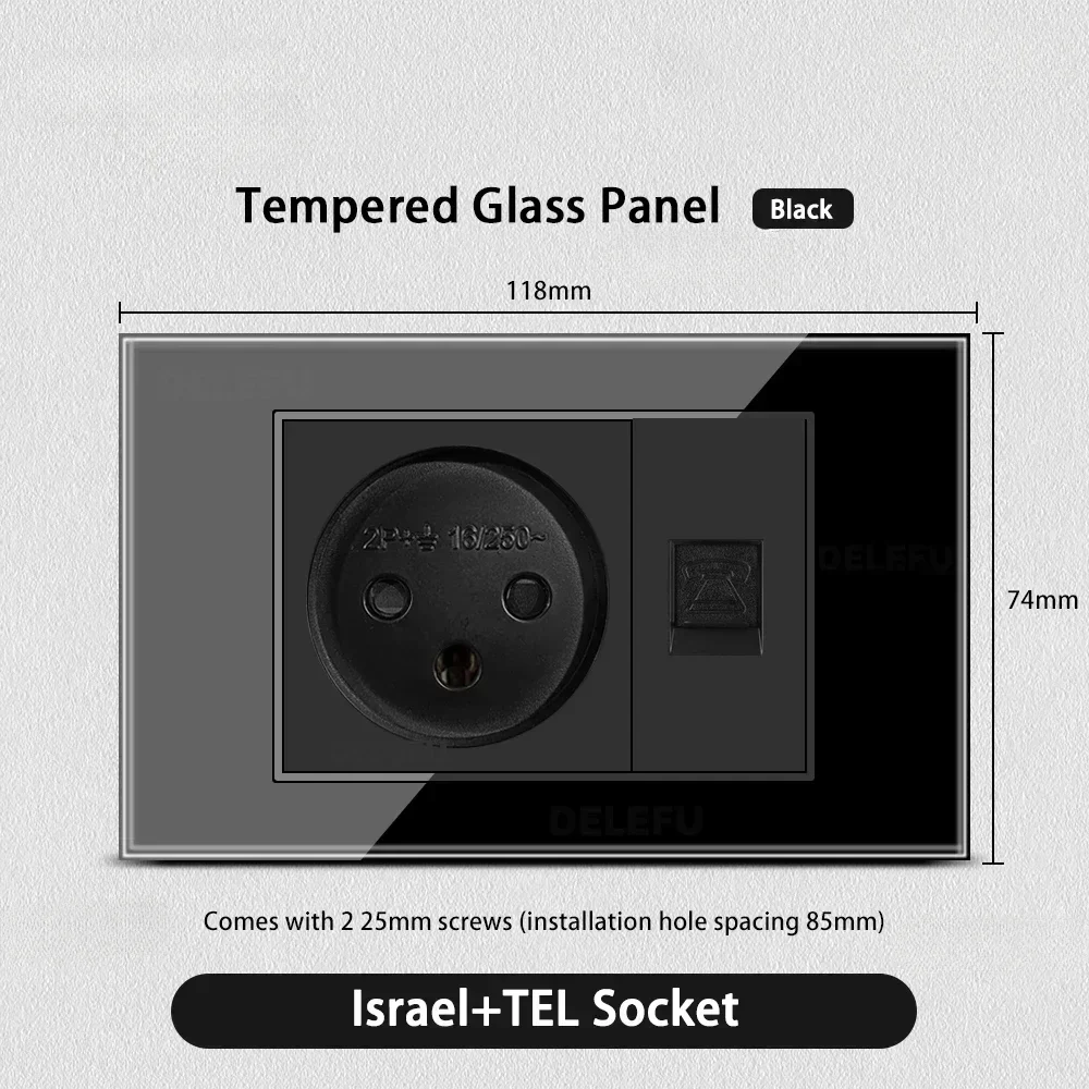 Melery Tempered Glass Israel Standard Wall Socket USB 20W Type C Fast Charging Satellite TV Tel CAT5 CAT6 Outlet Light Switch-Melery
