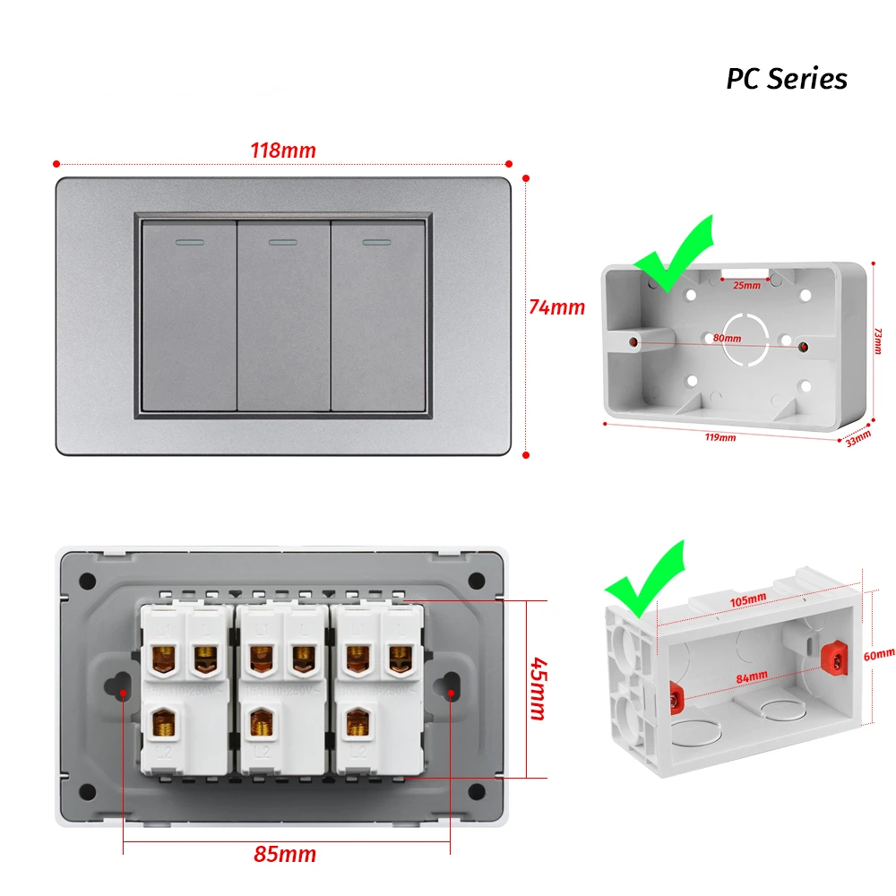 Melery  1/2/3gang1way 2way Black PC Panel Brazil USA Italy Mexico 250V 16A Standard 118*74mm light Wall Switch On Off Push Button-Melery