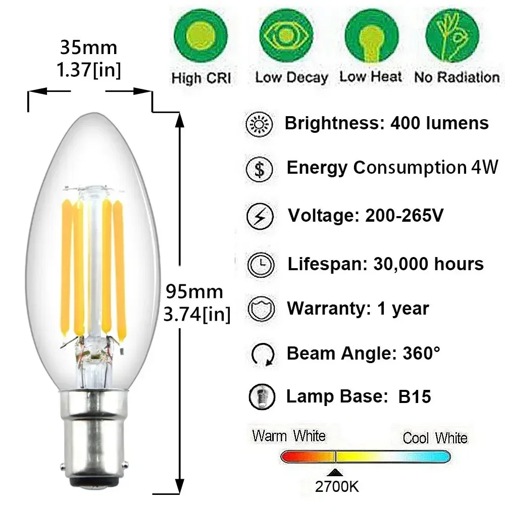 Melery LED Candle Filament Light Bulb B15 SBC Bayonet 4W Ba15d Vintage Warm White 2700K 40W Replacement Home Office Decorative Dimmable or not 4PACK-Melery