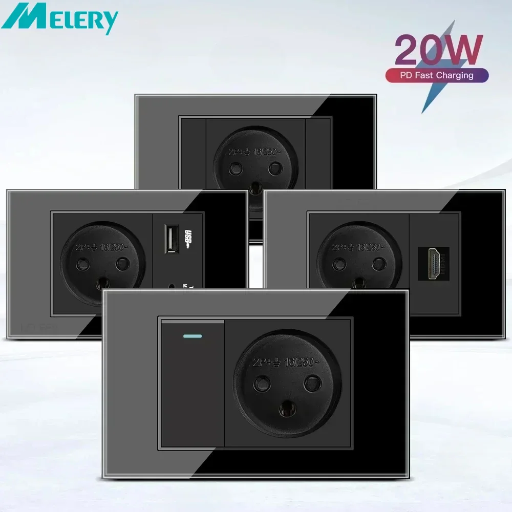 Melery Tempered Glass Israel Standard Wall Socket USB 20W Type C Fast Charging Satellite TV Tel CAT5 CAT6 Outlet Light Switch-Melery