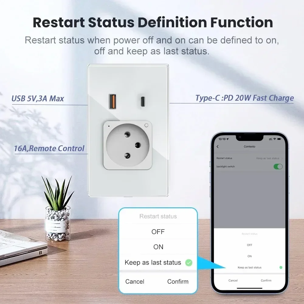 Melery Israel Wifi Tuya Wall Socket USB Type-C PD 30W Charge Smart Plug Outlet Glass Panel Remote Control by Alexa Google Home-Melery