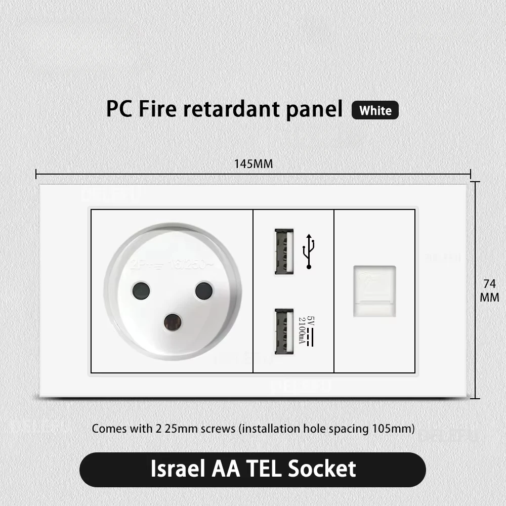 Melery Flame Retardant SC31 Panel 145mm White Israel Standard USB TypeC Fast Charging Wall Socket Switch TV Tel CAT5 CAT6-Melery