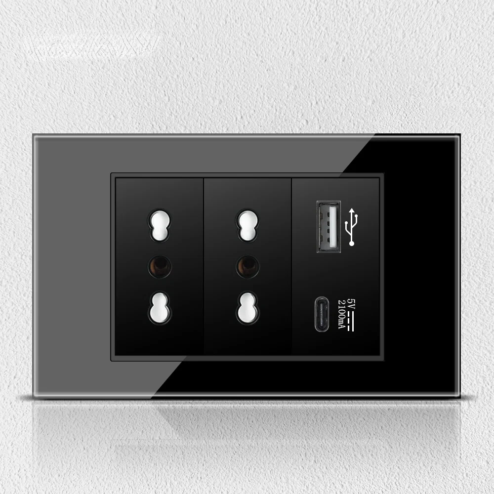 Melery  Black Tempered Glass Italy Standard Home Office EU Outlet USb Type C Chile Korea Wall Socket Light Pressure Switch 118-Melery