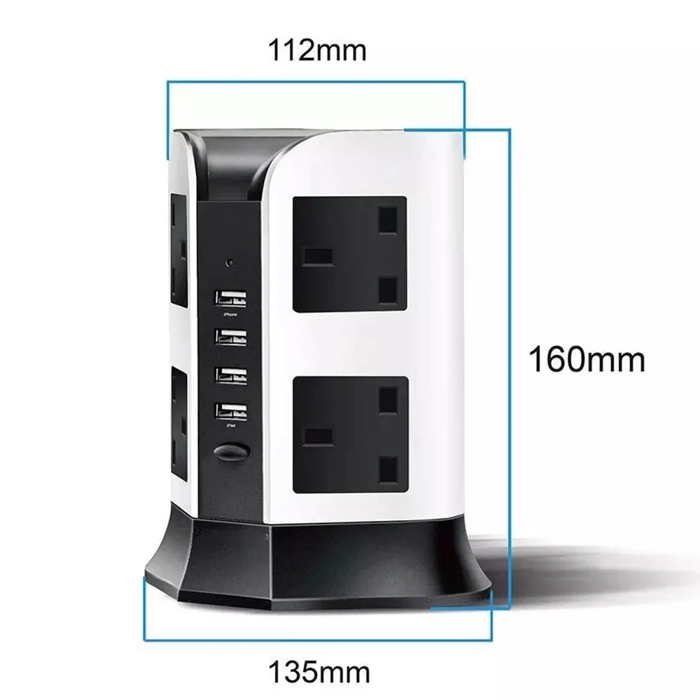 Melery UK Plug Vertical Power Strip British Extension Surge Protectors Tower 8 Outlet 4USB Sockets 2.1A Charge Port 6.5ft Cord 2m Cable-Melery