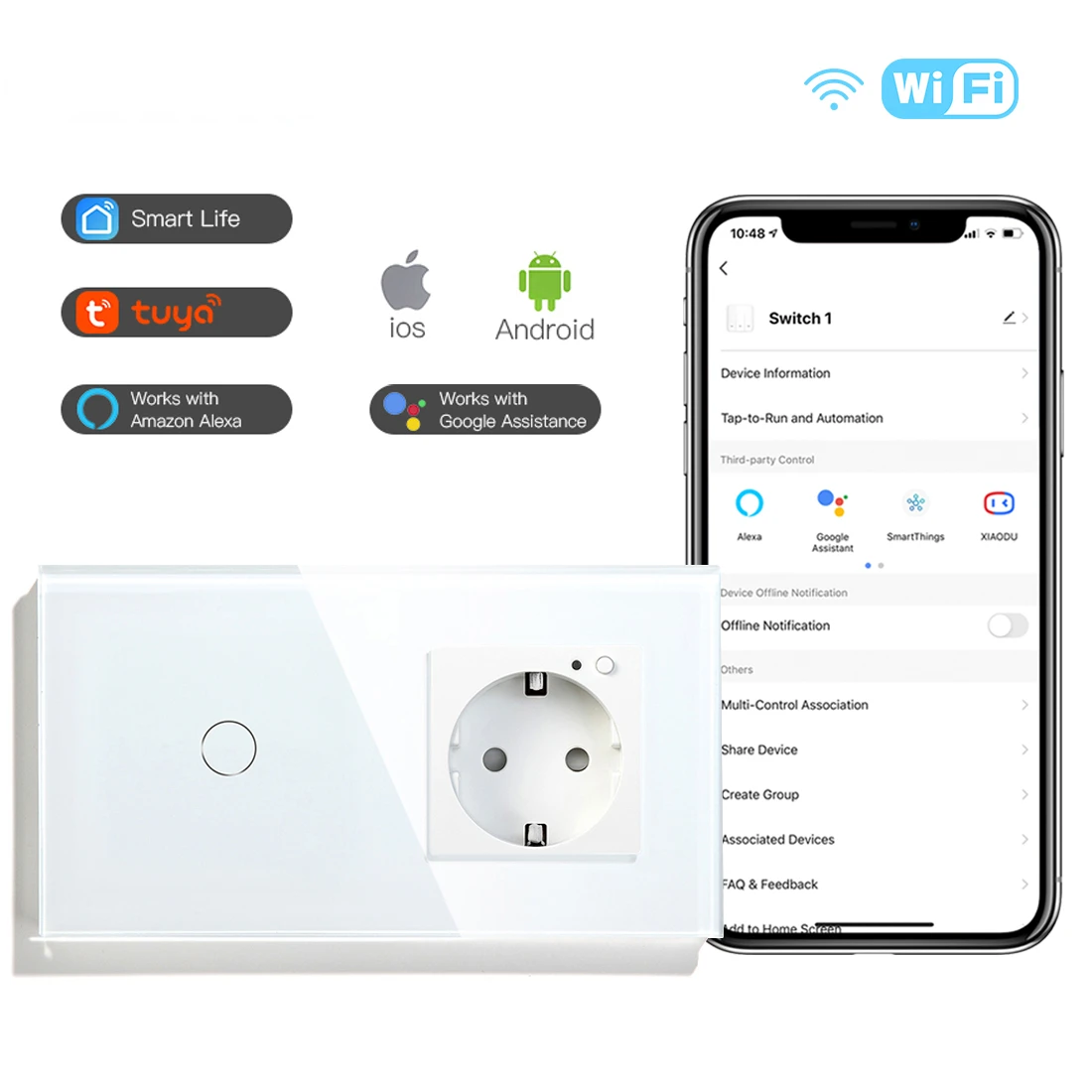 Melery  Smart Wifi Light Switch EU Socket Crystal Glass Panel Touch Sensor 1/2/3Gang Wireless Remote by Tuya Alexa Google Home-Melery
