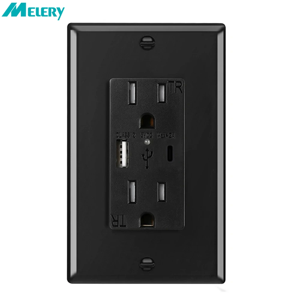 Melery US WALL SOCKET USB 5V 4.2A TYPE C 4.8A CANADA MEXICO PLUG 90-250V PC Panel Dual Outlet 15A Smart Fast Charge for Home Office-Melery