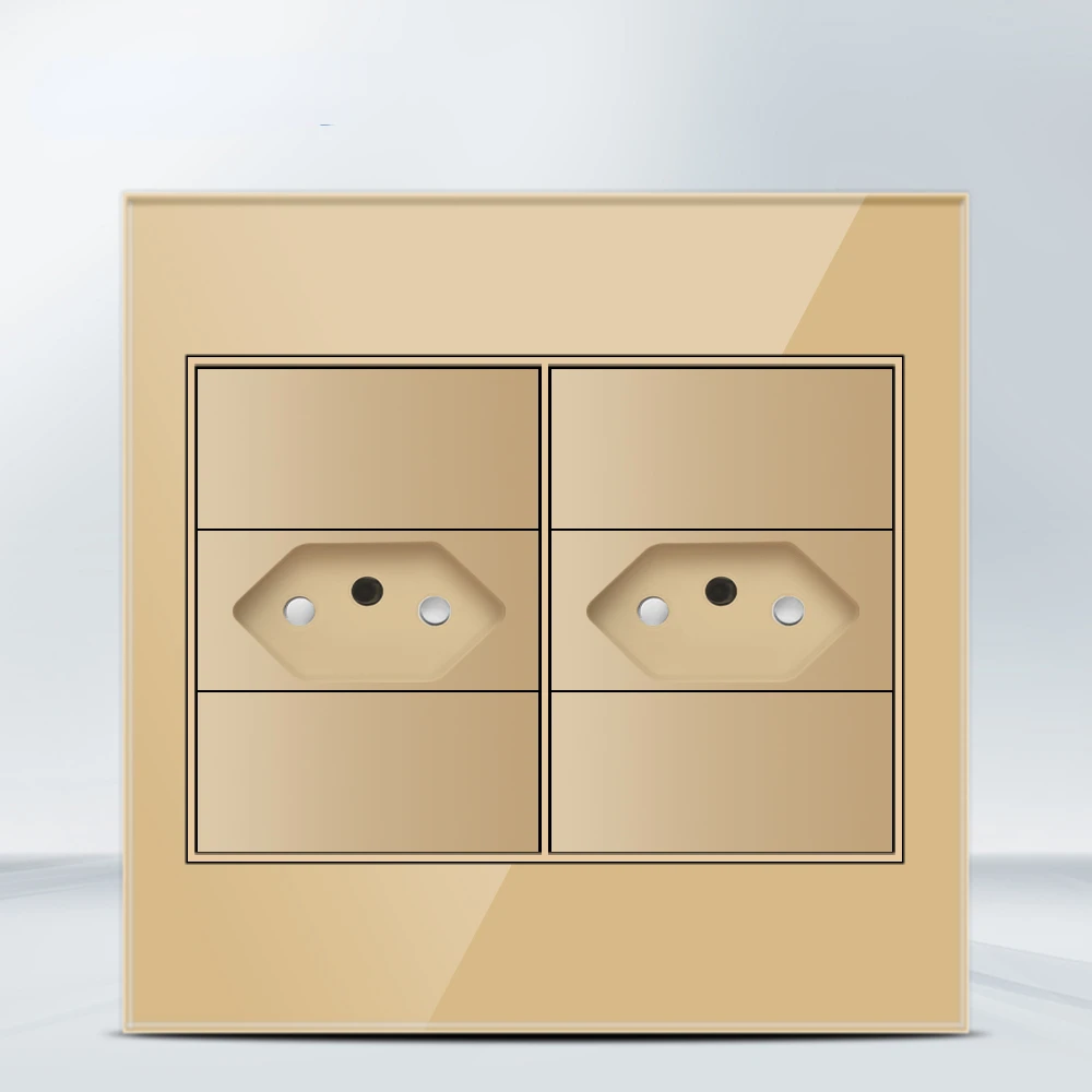 Melery  4x4 Fireproof Glass Panel Brazil Standard Outlet Double USB Type C Wall Power Socket Light Switch Office Golden 10A 20A-Melery