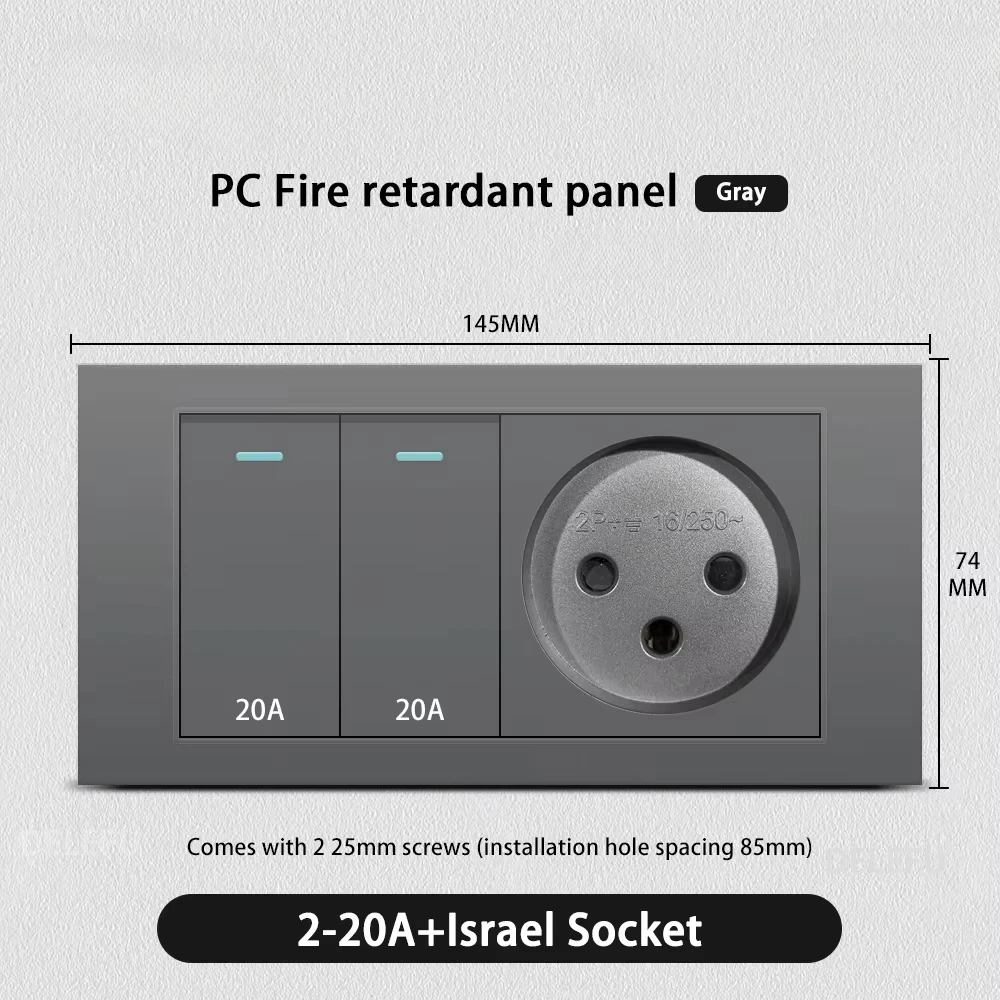 Melery Flame Retardant SC31 Panel 145mm Gray Israel Standard USB TypeC Fast Charging Wall Socket Switch TV Tel CAT5 CAT6-Melery