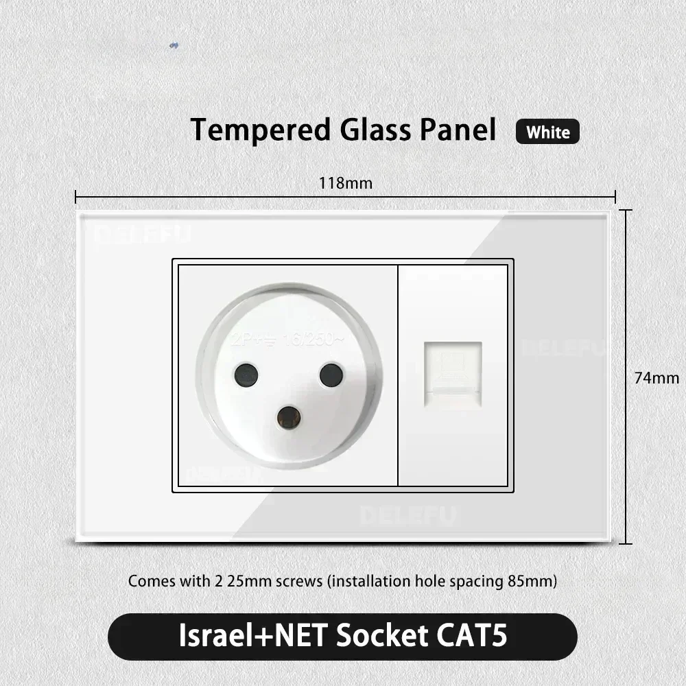Melery White Tempered Glass Israel Standard USB Type C Fast Charging Wall Socket Light Switch Satellite TV Tel CAT5 CAT6-Melery