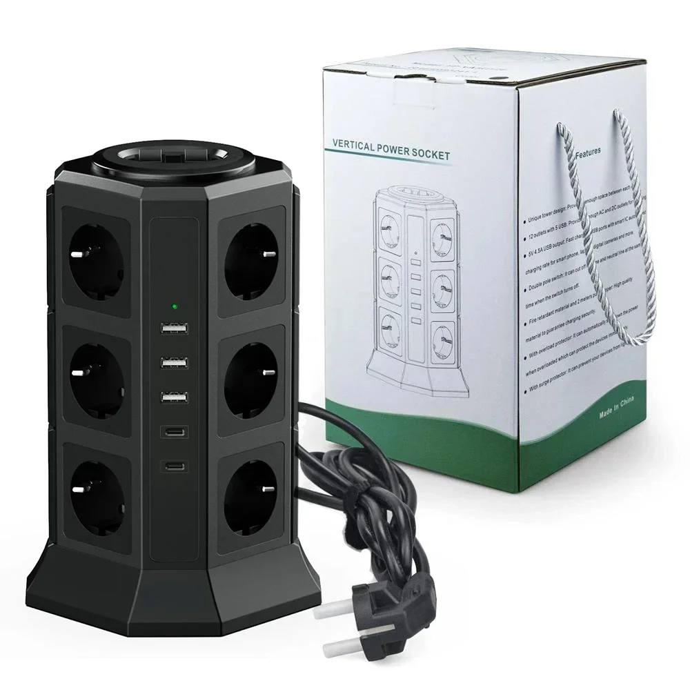 Melery  Tower Power Strip Vertical EU Plug Adapter Outlet Socket USB TYPE-C Surge Protector Circuit Protection 2m Extension Cord-Melery