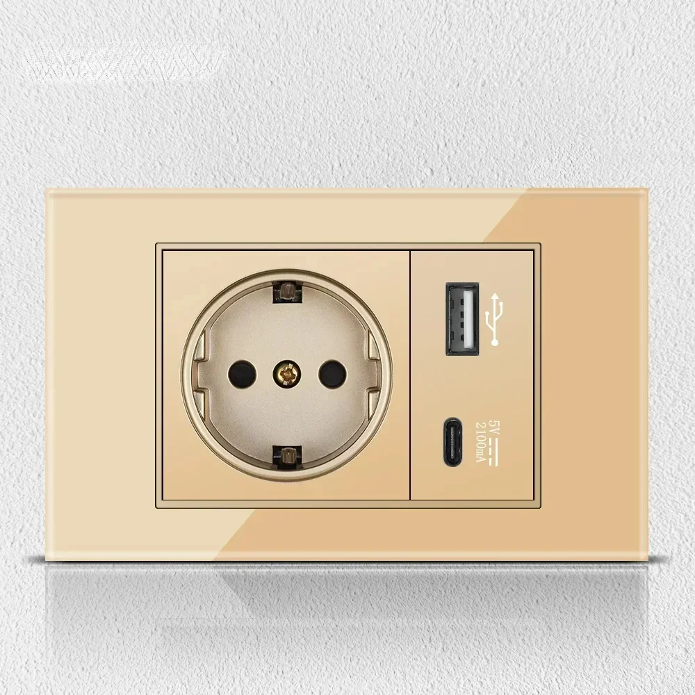 Melery Italy Chile Tempered Gold Glass Home Office EU Korean Outlet USB TypeC Korea Wall Socket Light Pressure Switch Electrical-Melery
