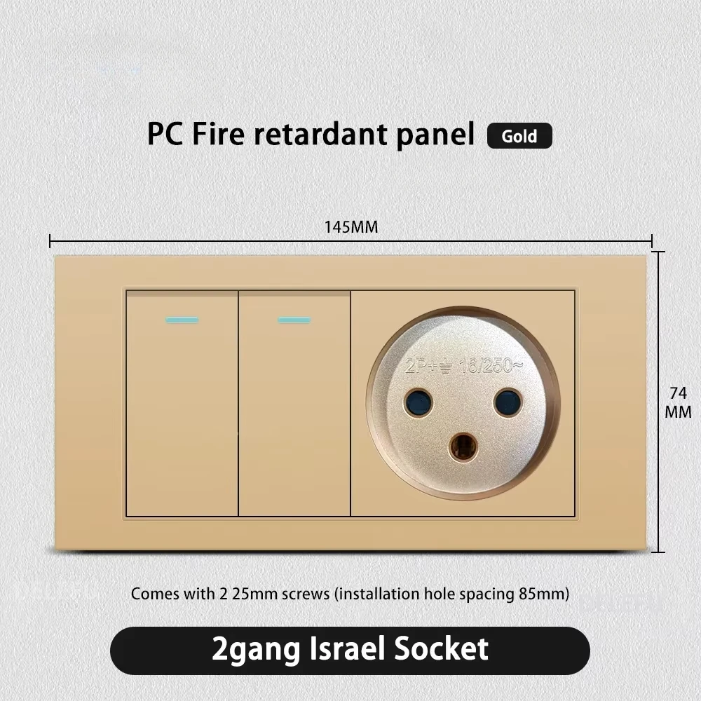 Melery Flame Retardant SC31 Panel 145mm Gold Israel Standard USB TypeC Fast Charging Wall Socket Switch TV Tel CAT5 CAT6-Melery