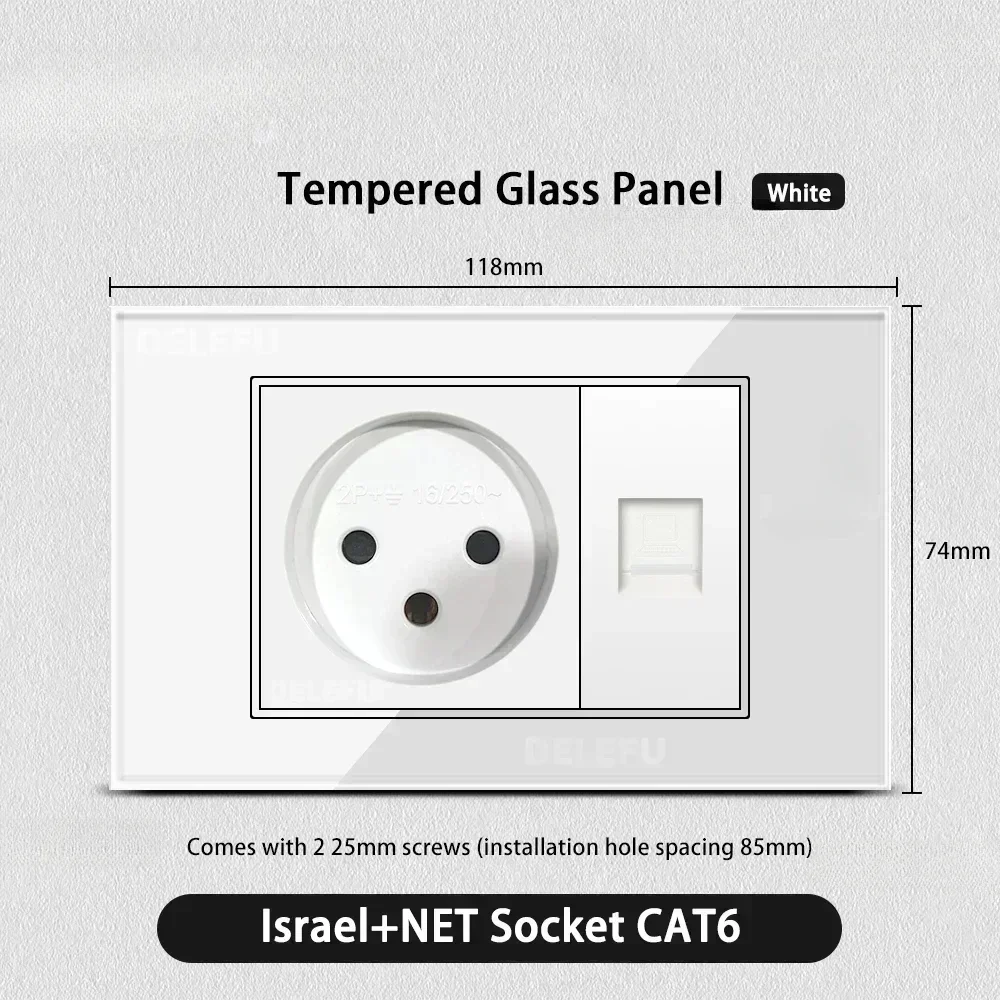 Melery White Tempered Glass Israel Standard USB Type C Fast Charging Wall Socket Light Switch Satellite TV Tel CAT5 CAT6-Melery